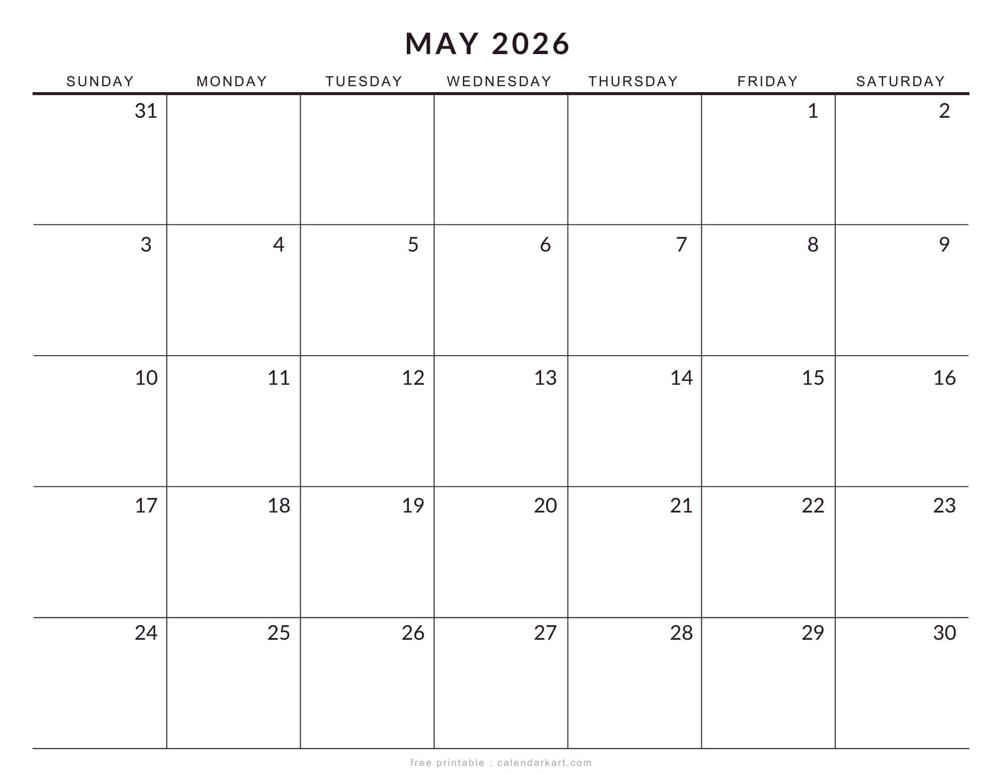 Printable May 2026 Calendar Extra Large Monthly