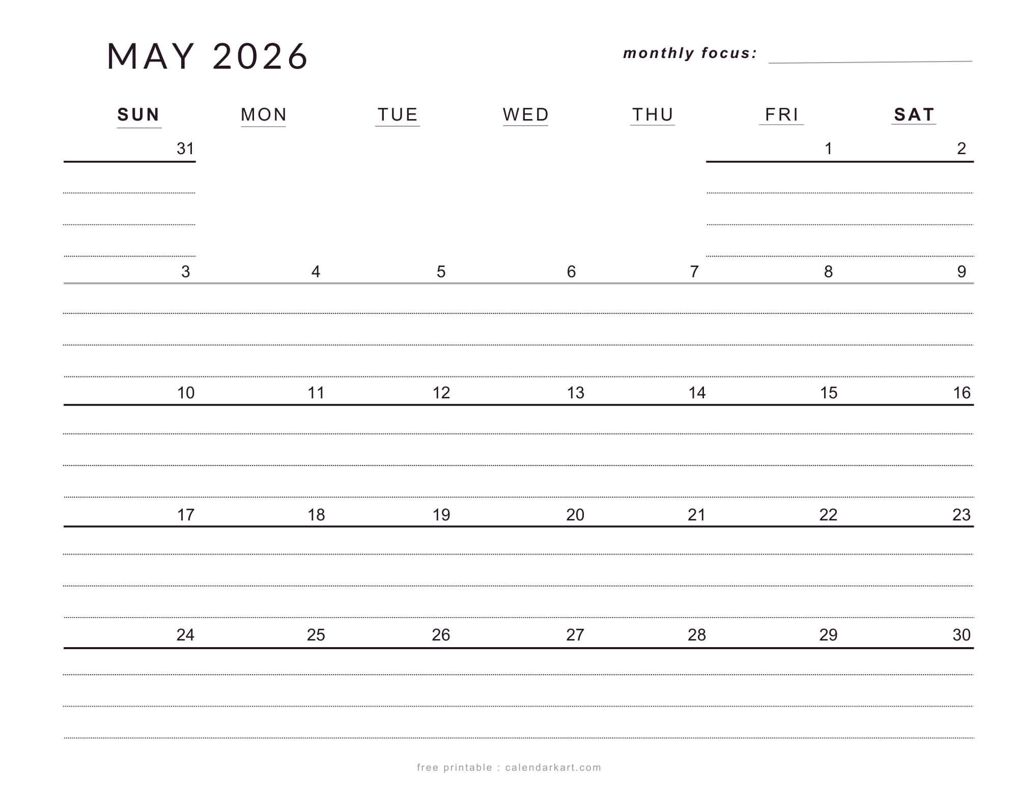 Printable May 2026 Lined Calendar