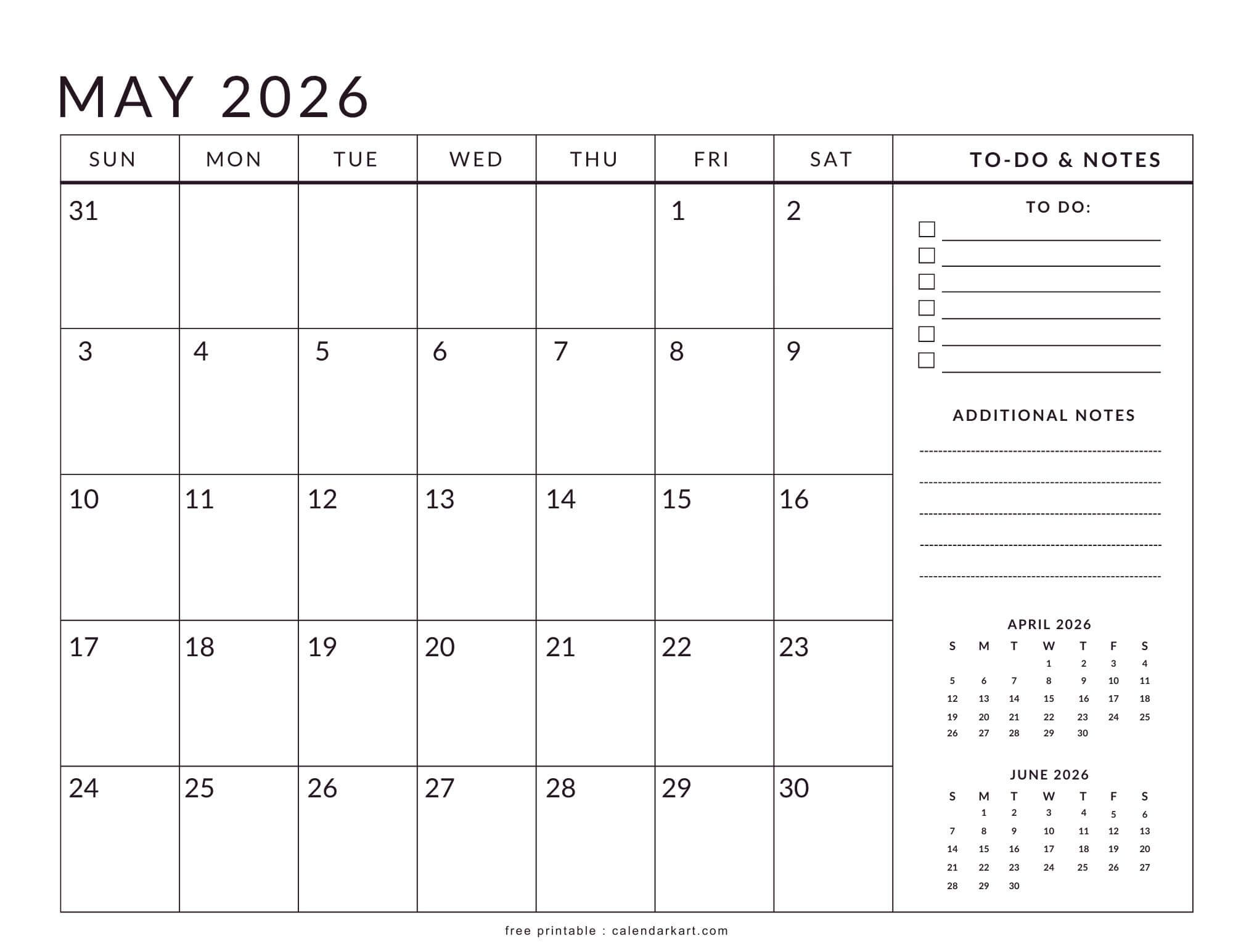 Printable May 2026 Planner Calendar