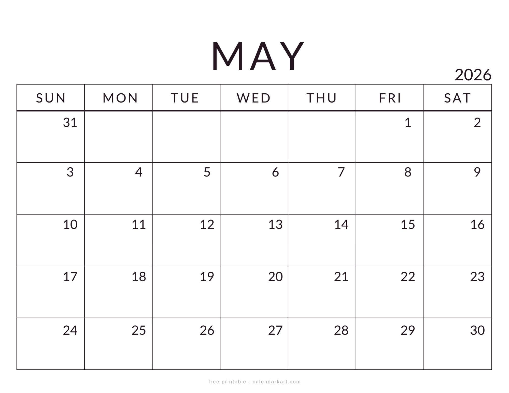 Printable May 2026 Standard Calendar