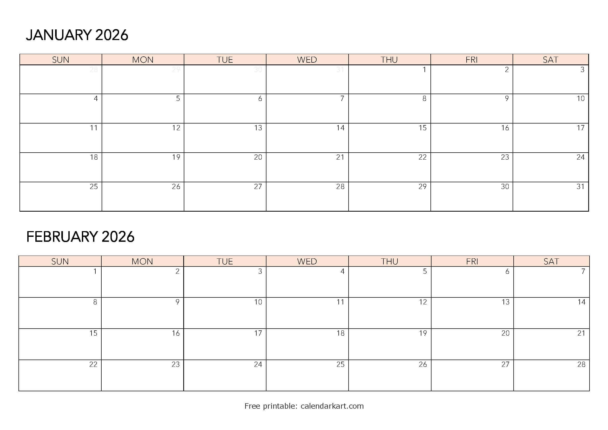 2026 Calendar Word Basic Bi-Monthly