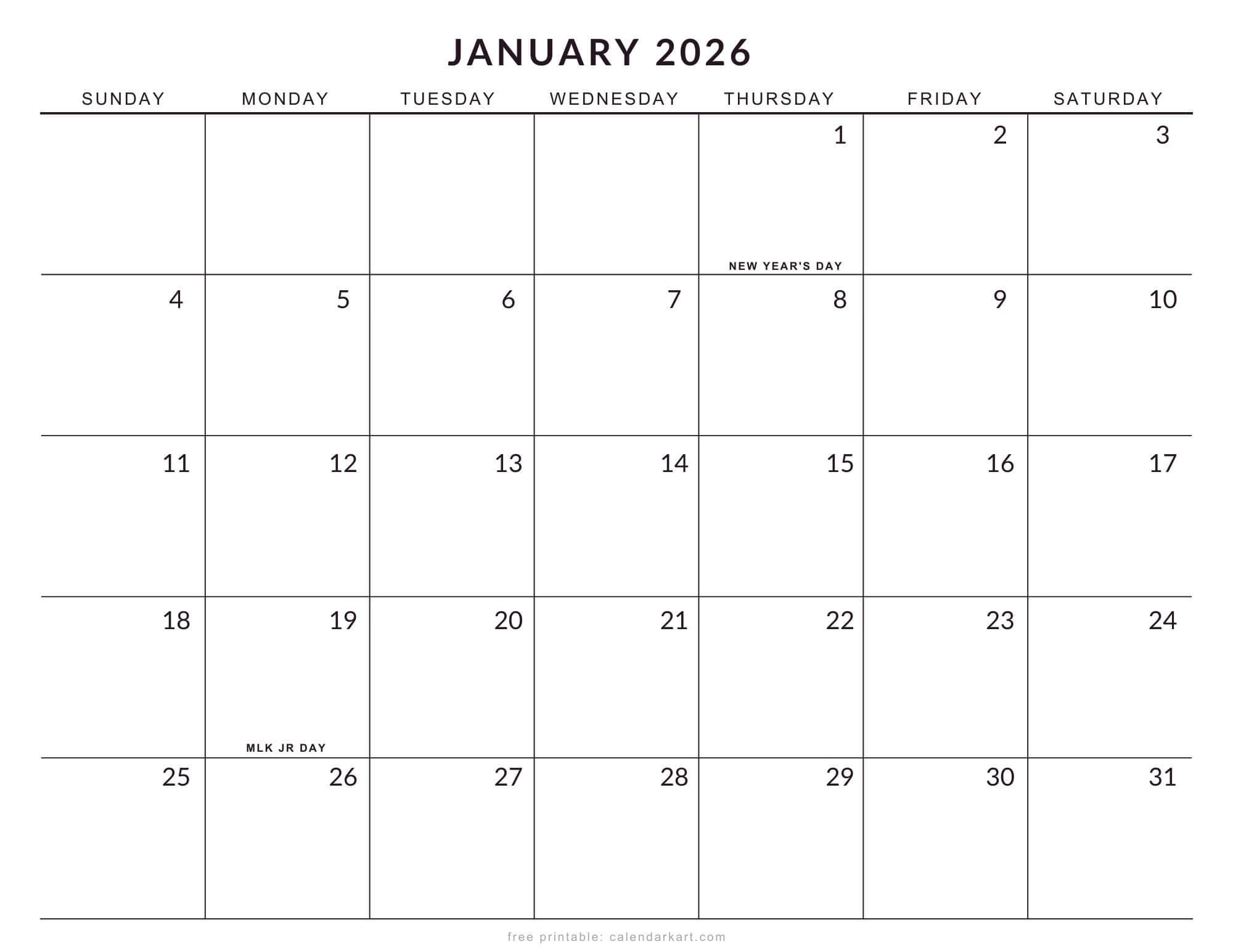 2026 Monthly Calendar with Holidays USA Landscape
