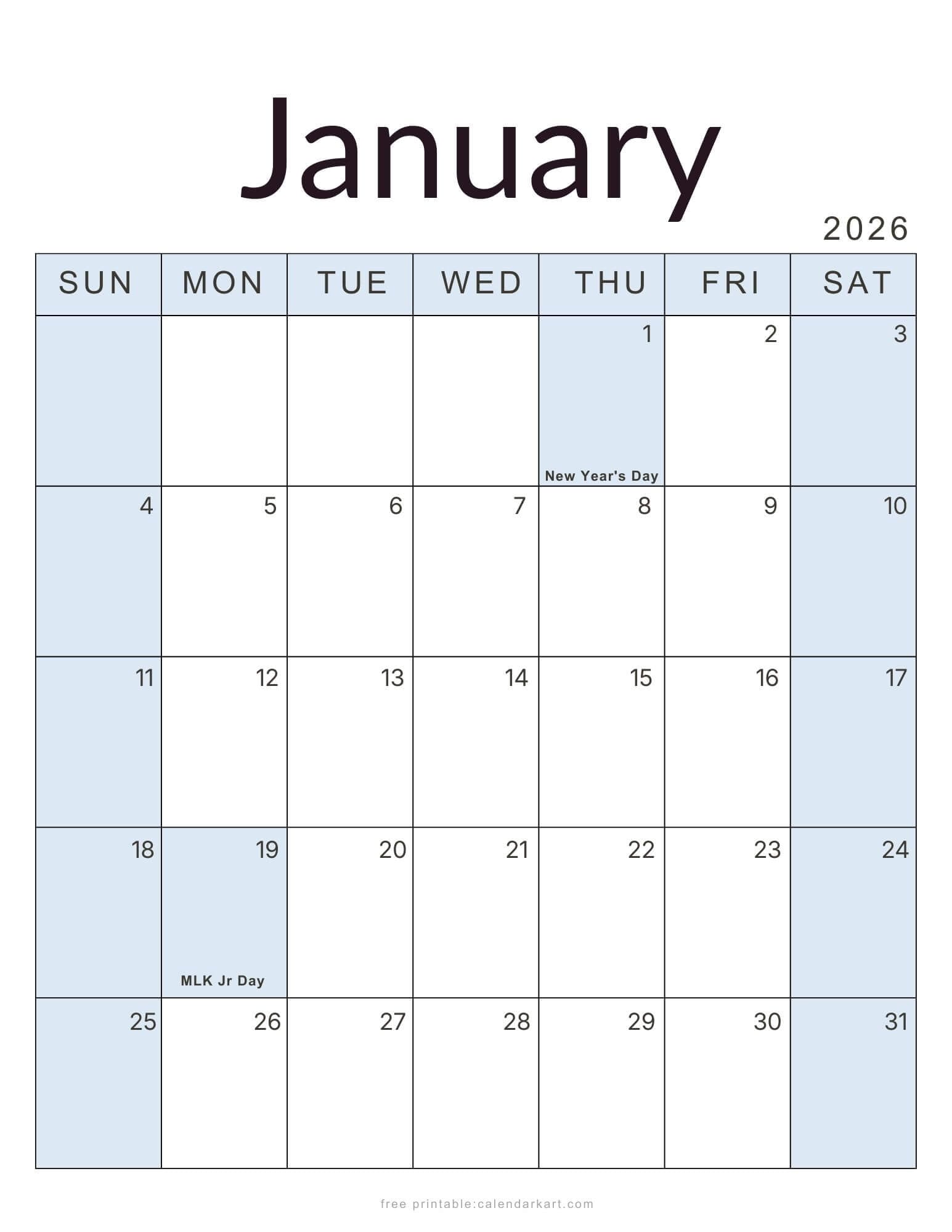 2026 Monthly Calendar with Holidays USA Soft Pastel