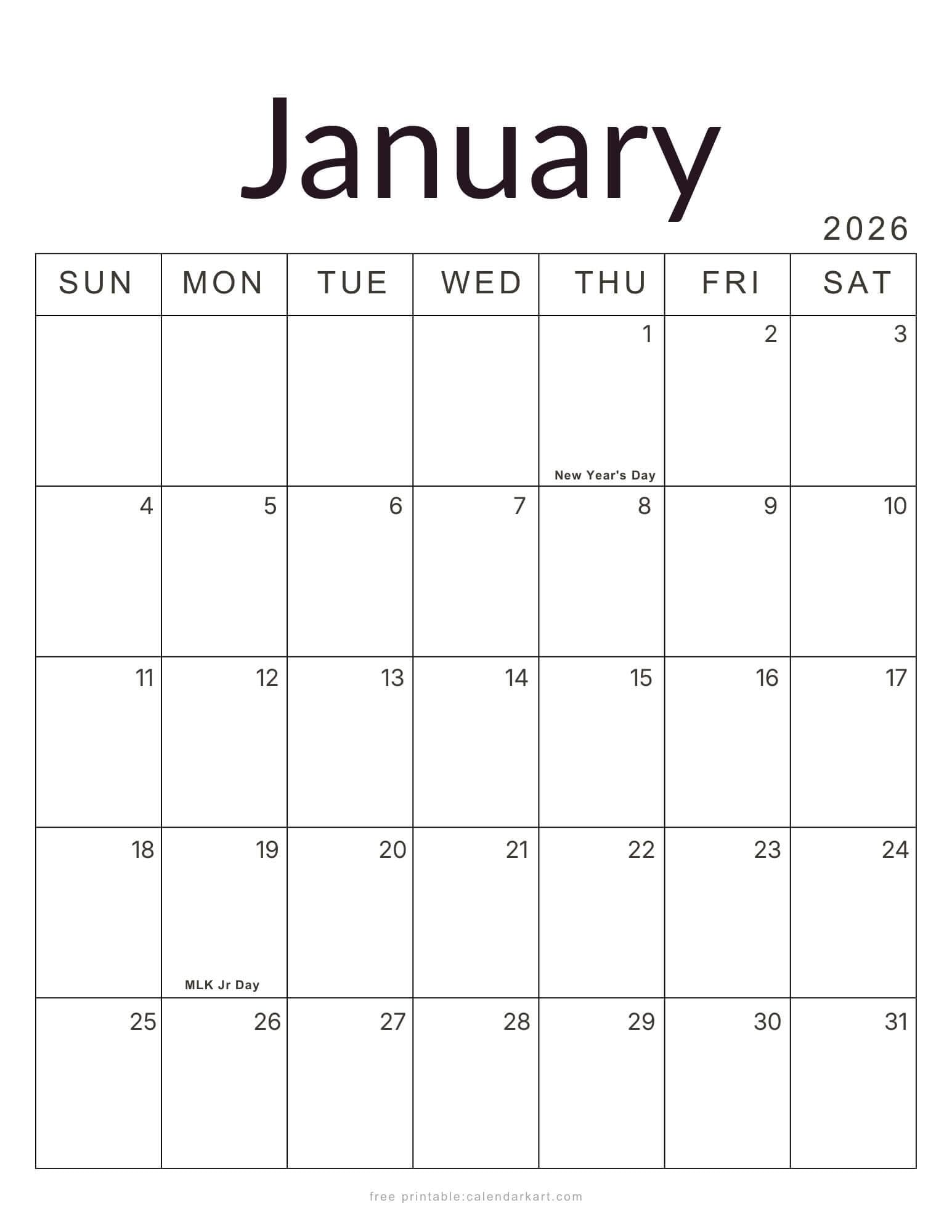 2026 Monthly Calendar with Holidays USA