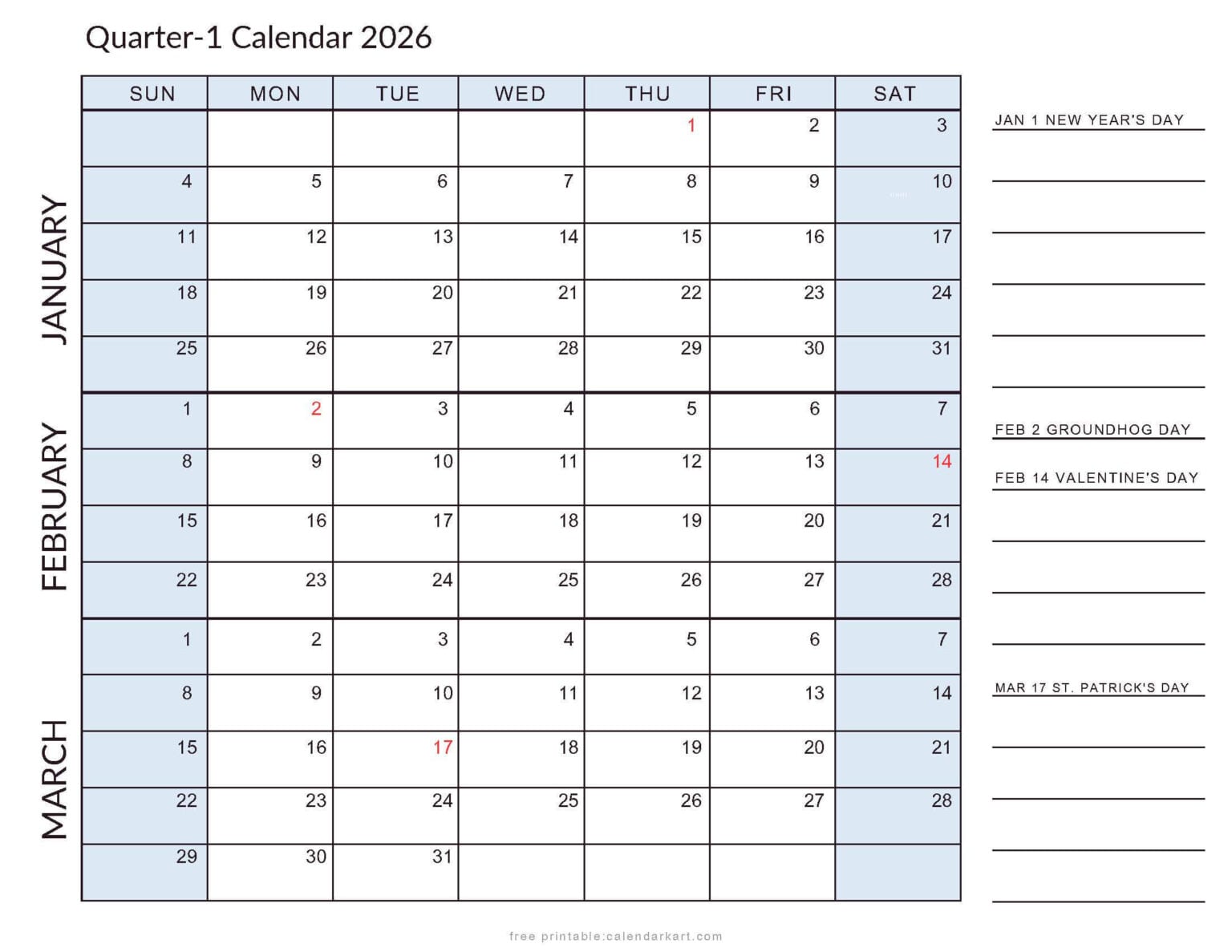 Canada Calendars with Holidays 2026 | Free Printable Calendar