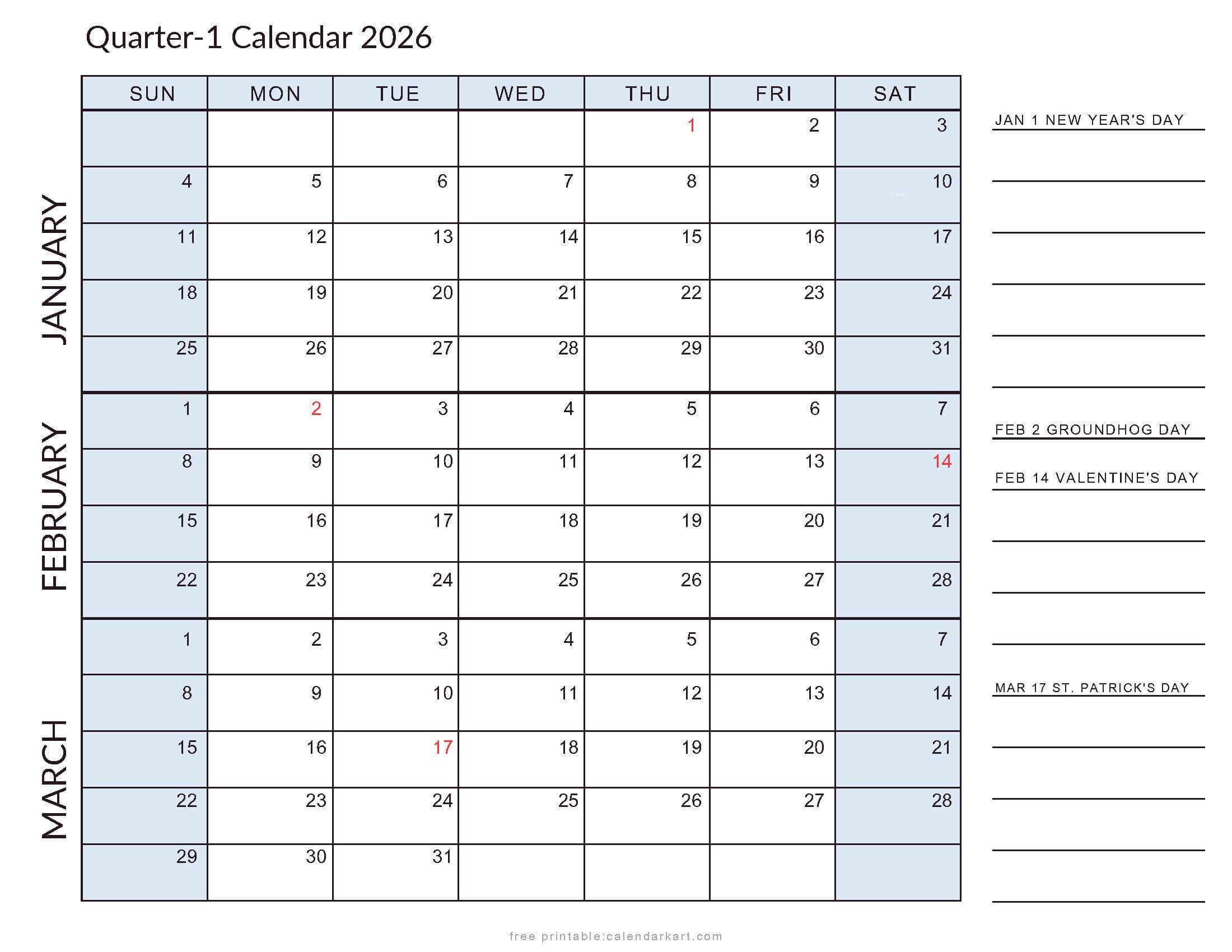 2026 Quarterly Calendars with Holidays Planner Canada Soft Pastel
