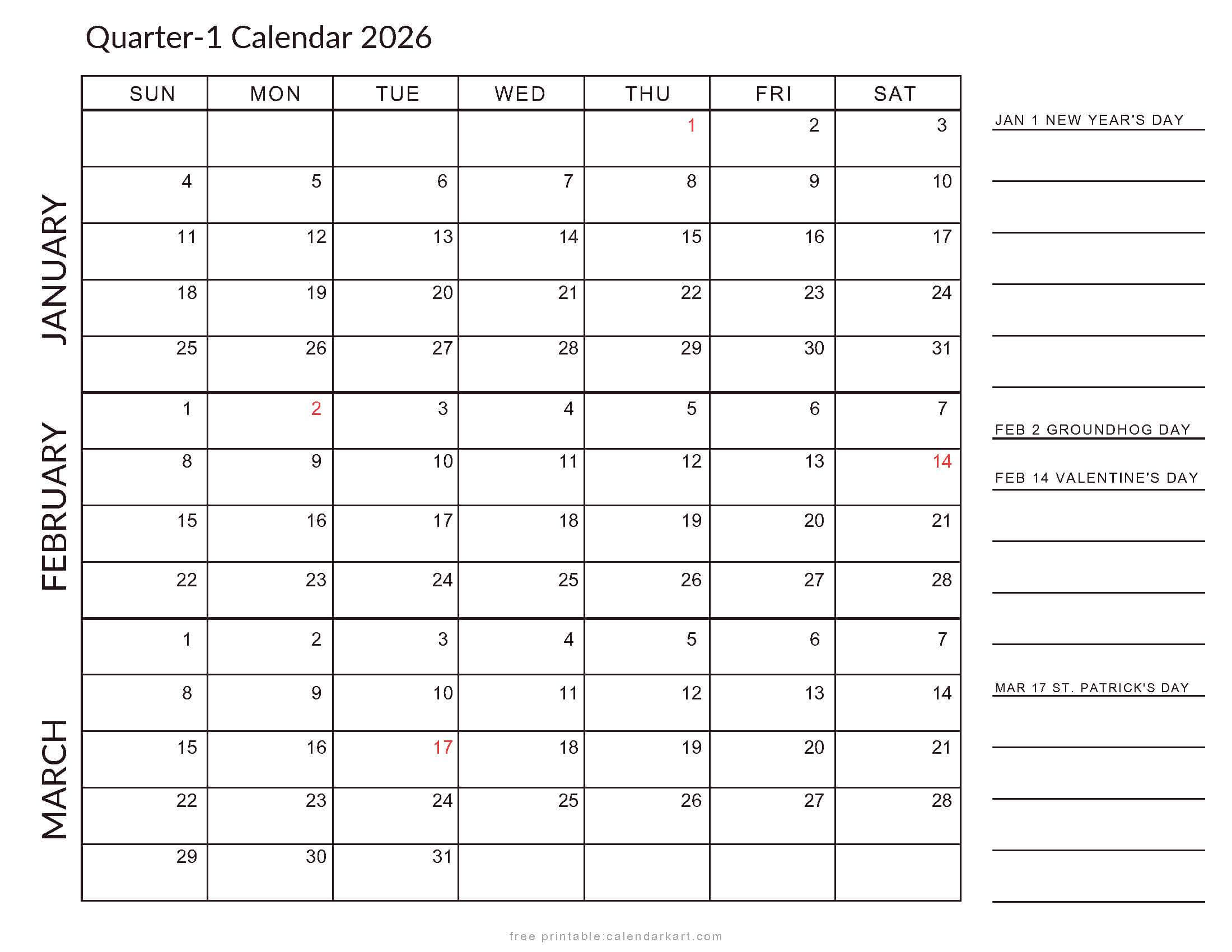 2026 Quarterly Calendars with Holidays Planner Canada