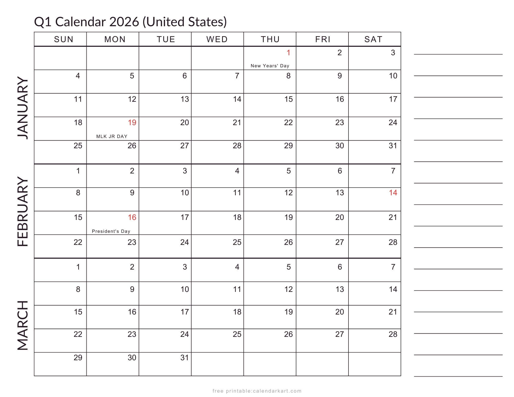 2026 Quarterly Calendars with Holidays Planner USA