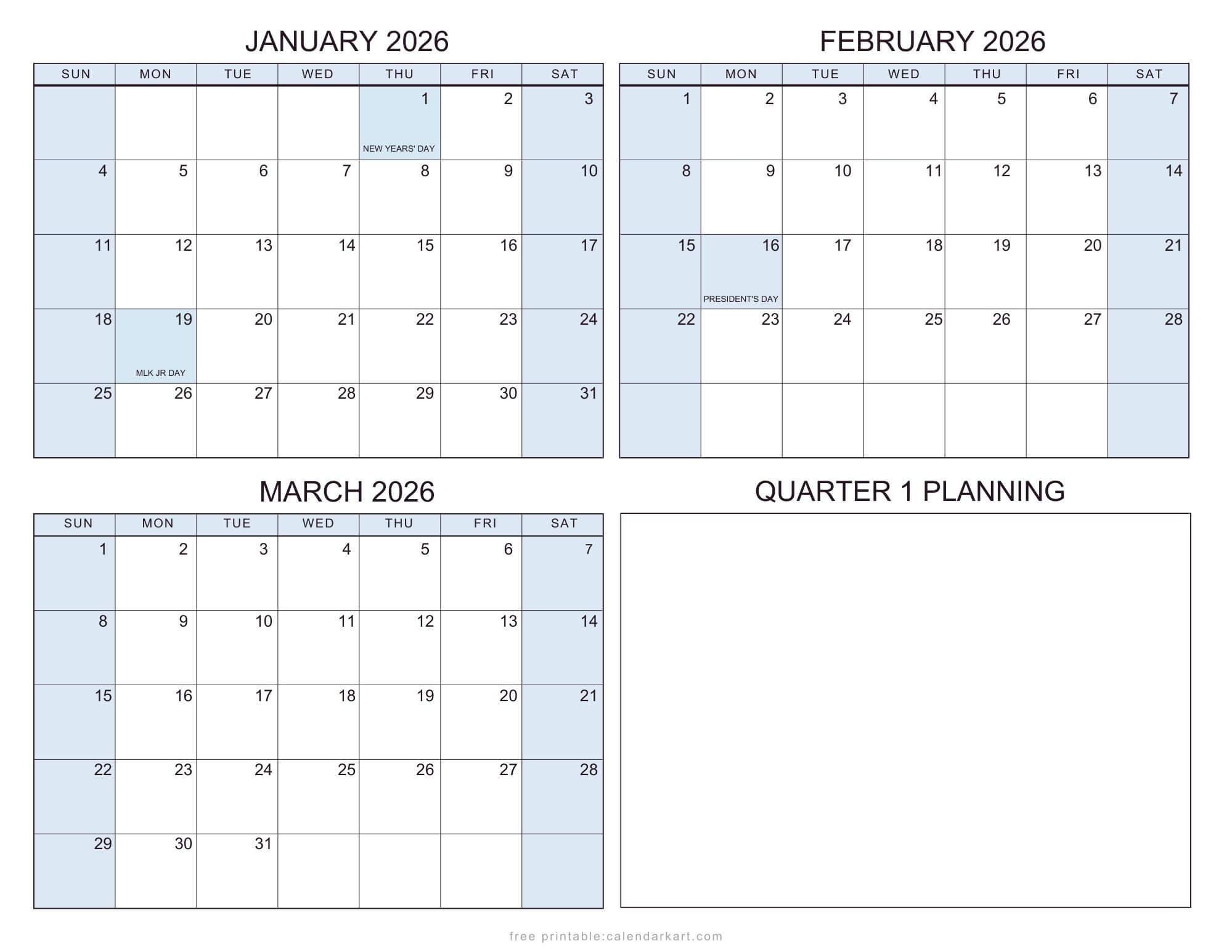 2026 Quarterly Calendars with Holidays USA Soft Pastel
