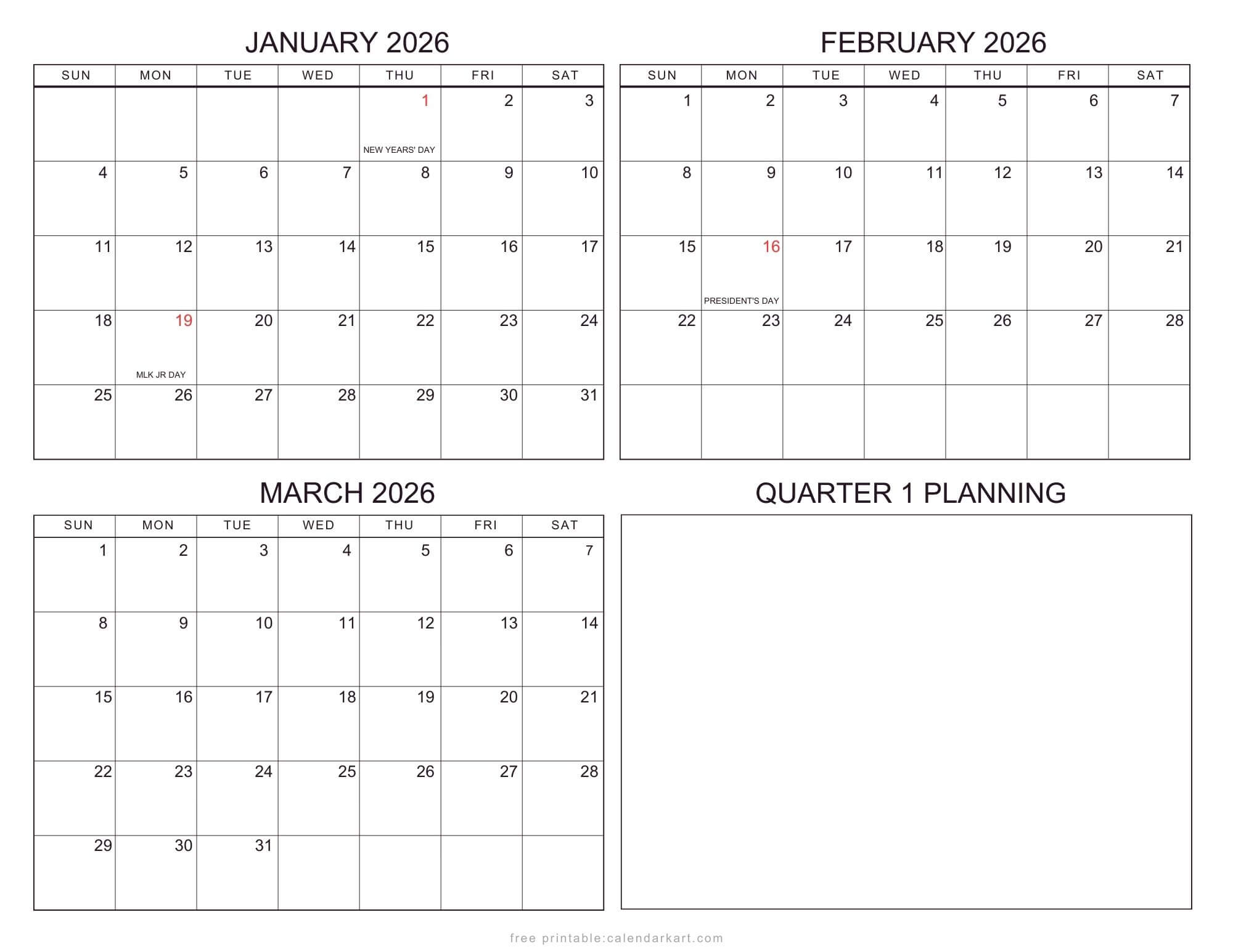2026 Quarterly Calendars with Holidays USA
