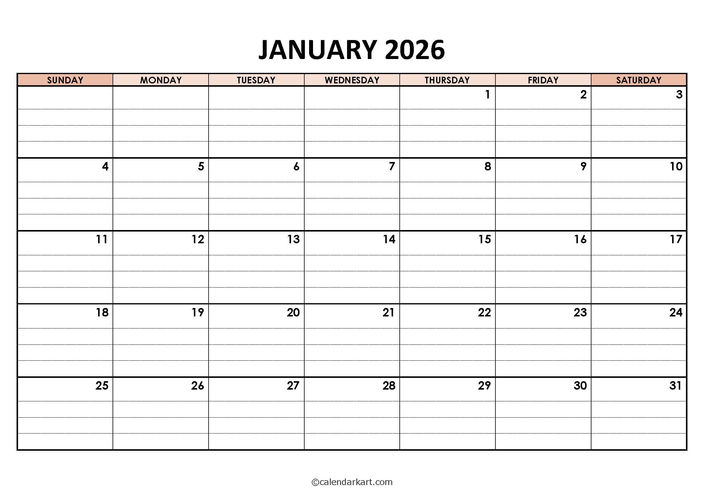 2026 Word Calendar Lined Monthly