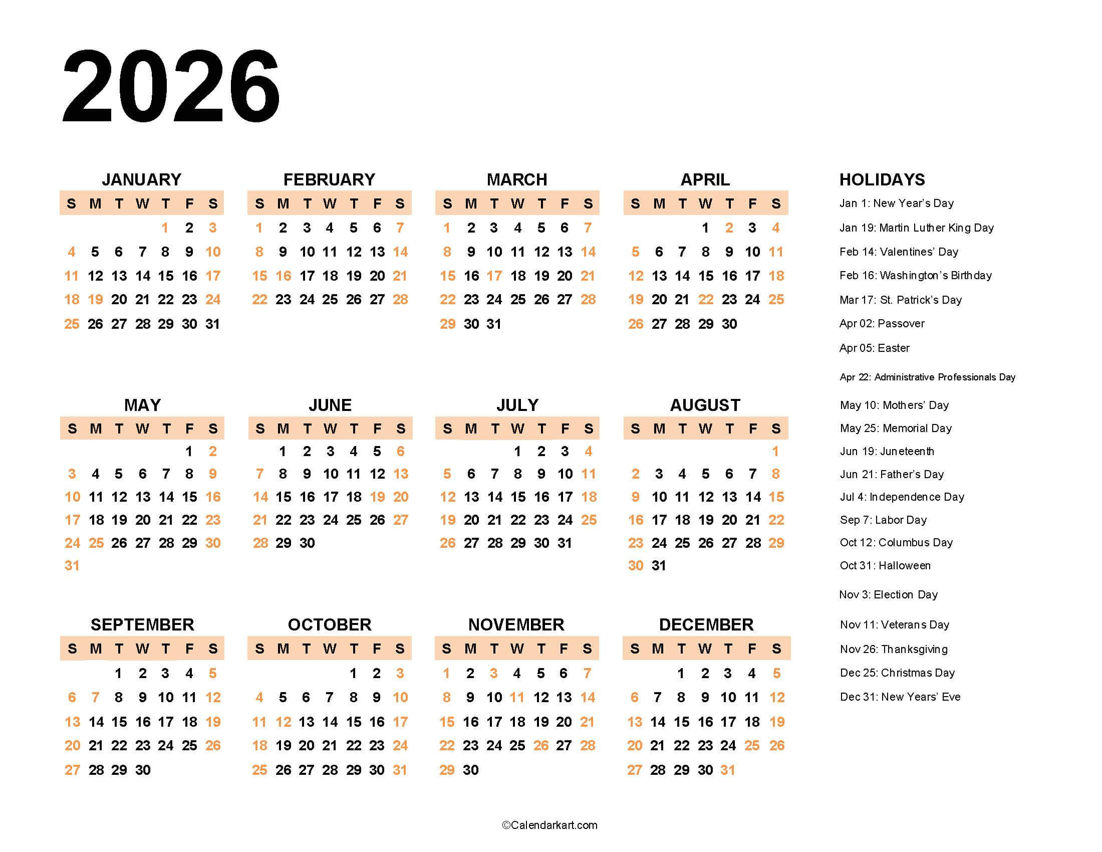 2026 Word Calendar Year with Holidays