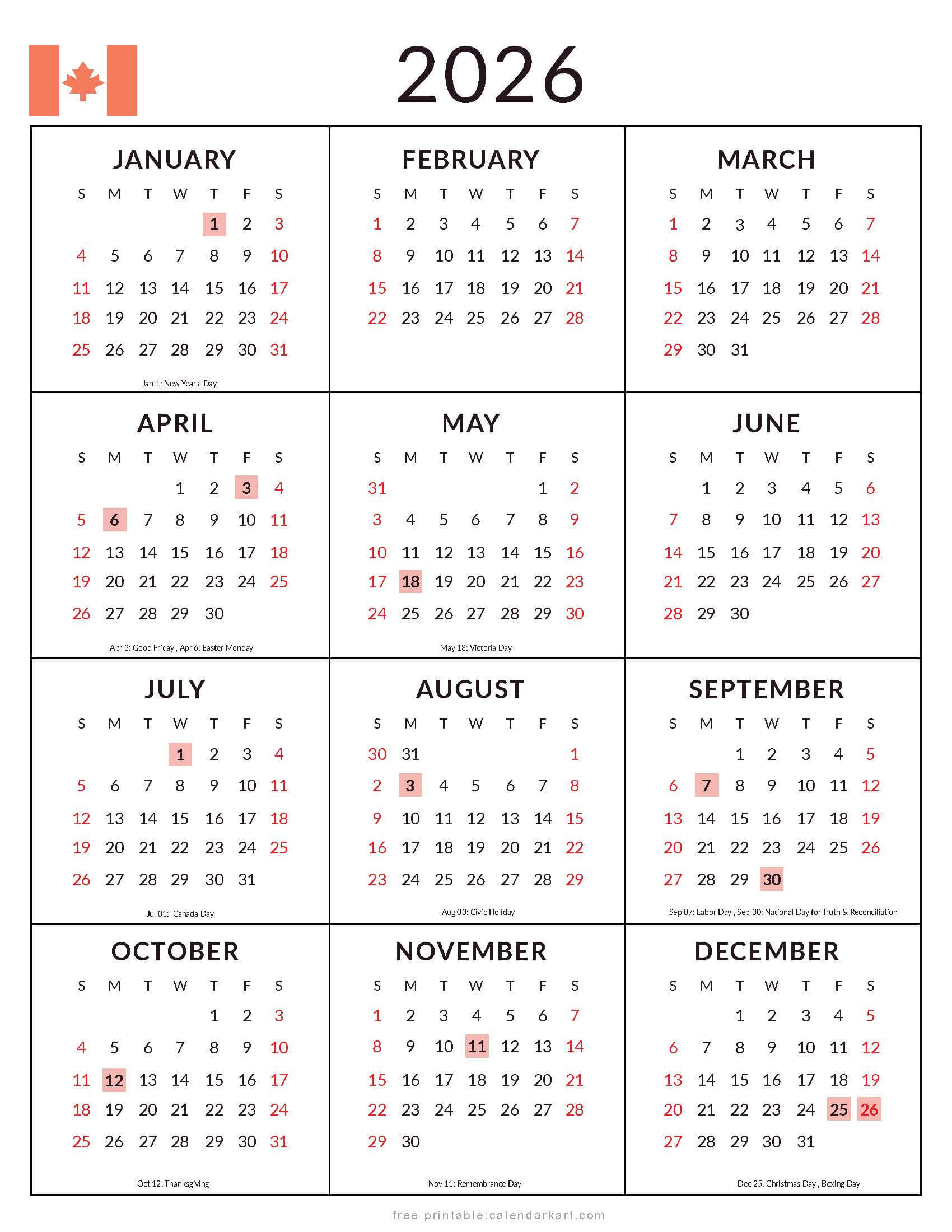 2026 Yearly Calendar with Canada Holidays