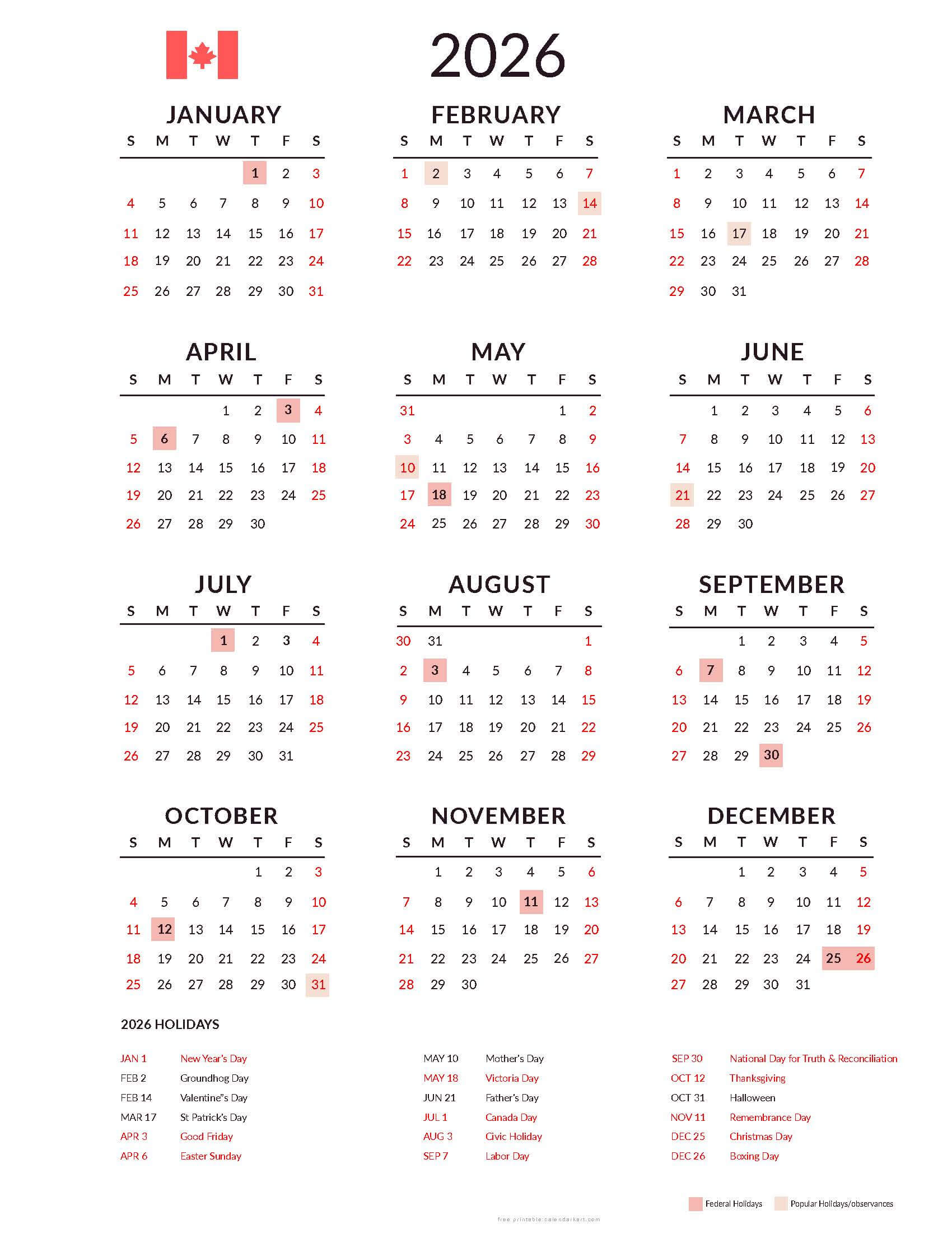 2026 Yearly Calendar with Canada with Popular Holidays