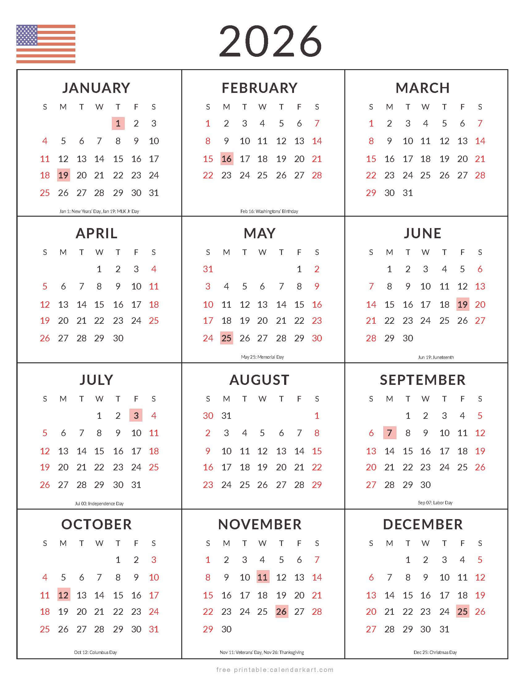 2026 Yearly Calendar with United States Holidays