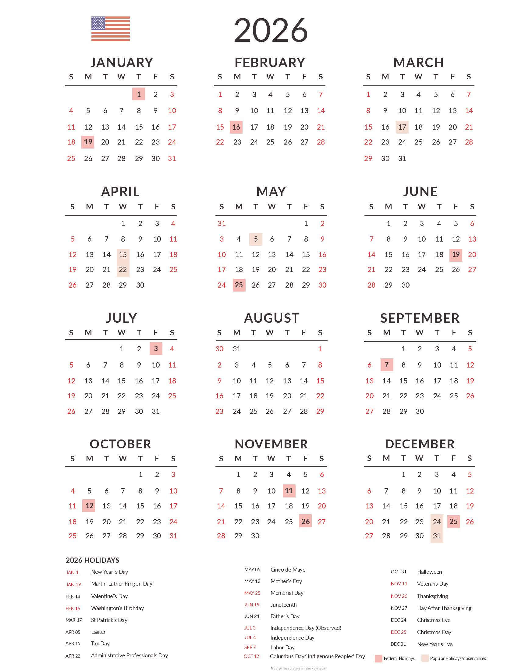2026 Yearly Calendar with United States with Popular Holidays