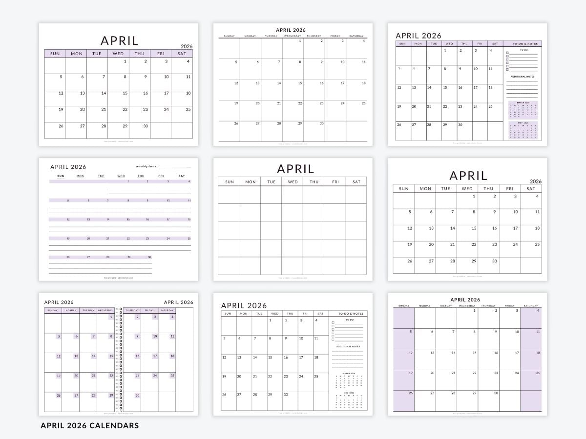 April 2026 Printable Calendars