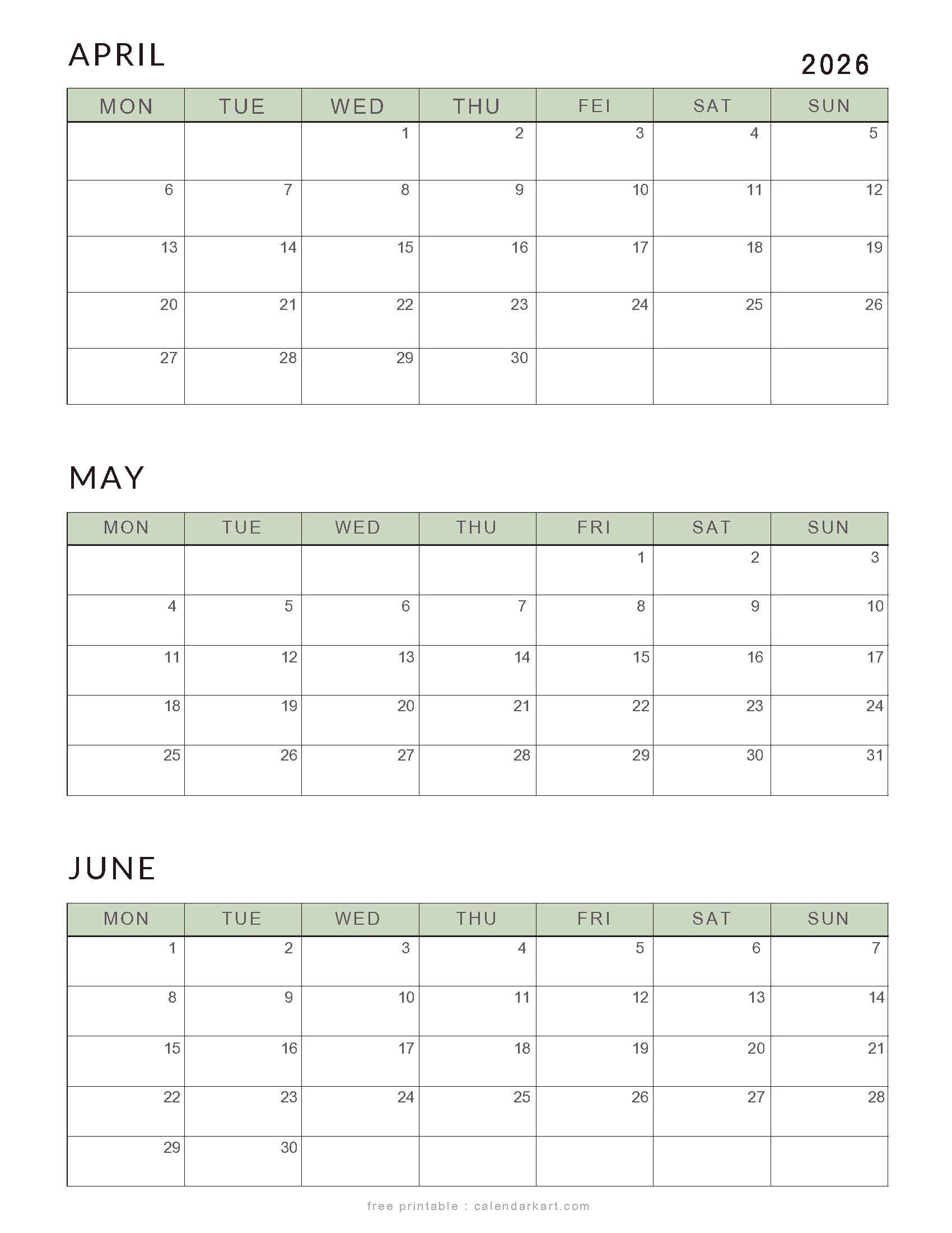 April-June 2026 Calendars Classic Soft Pastel