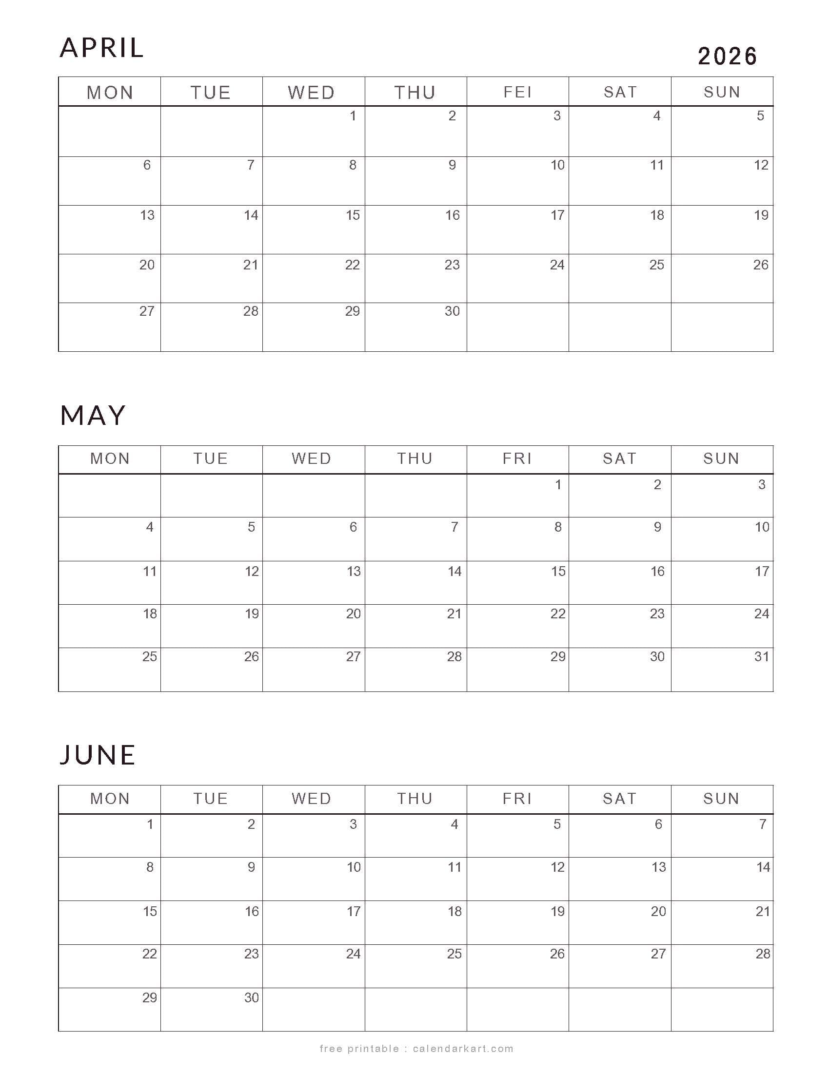 April-June 2026 Calendars Classic