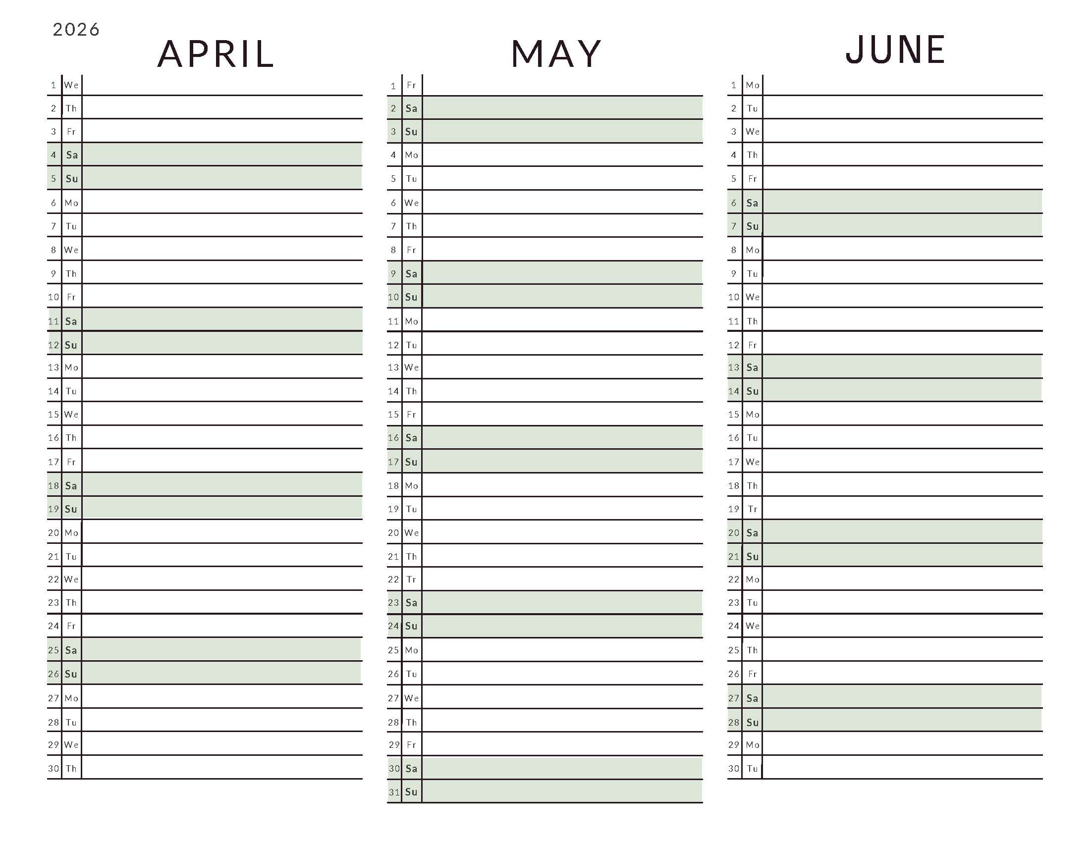 April-June 2026 Calendars List View Soft Pastel
