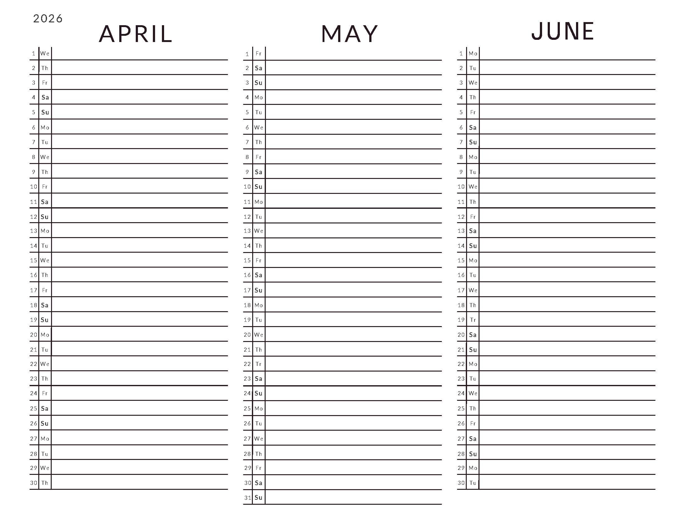 April-June 2026 Calendars List View