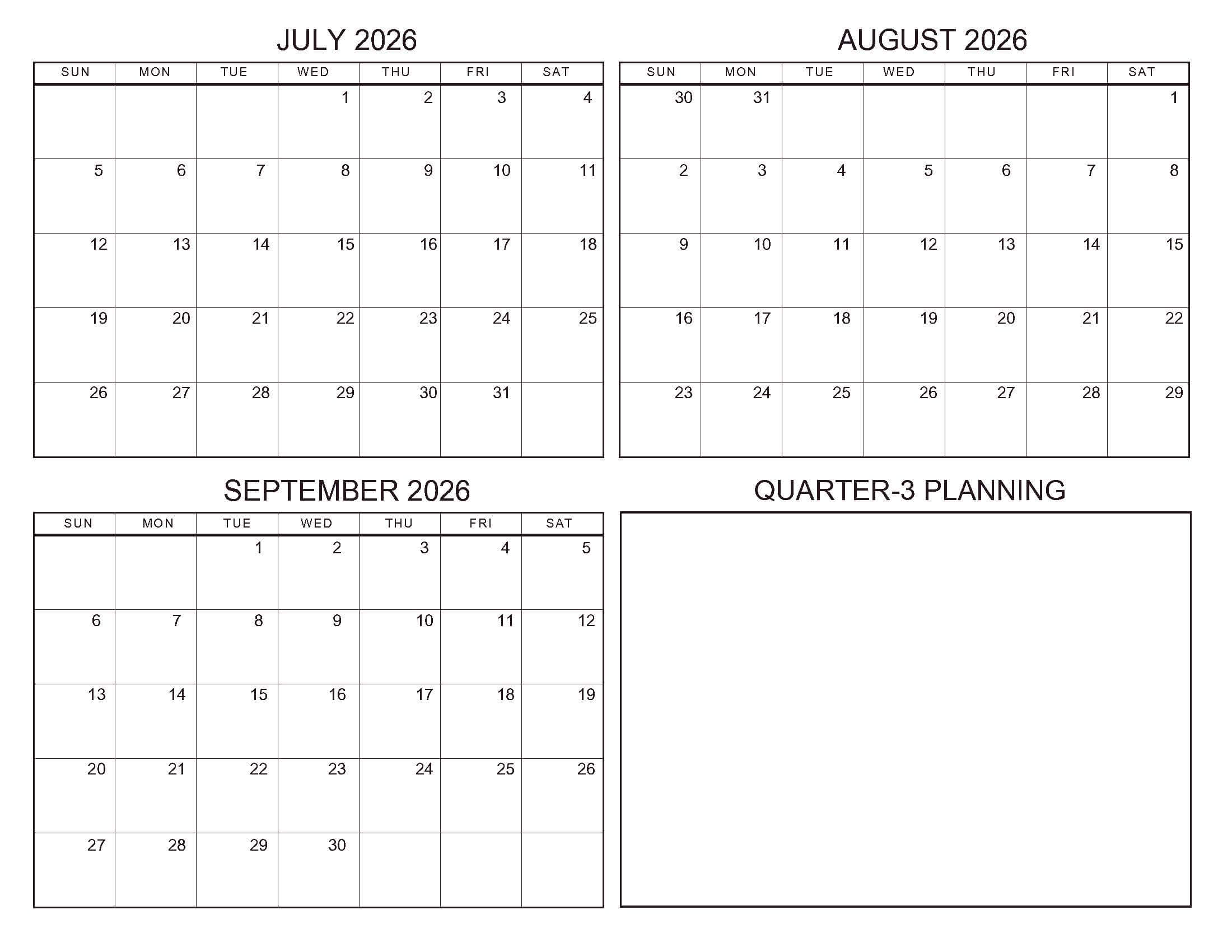 July-September 2026 Calendars Standard