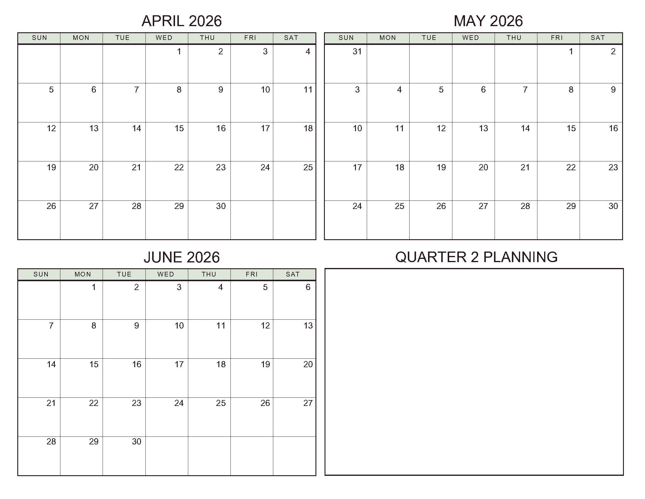 April-June 2026 Calendars Standard Soft Pastel