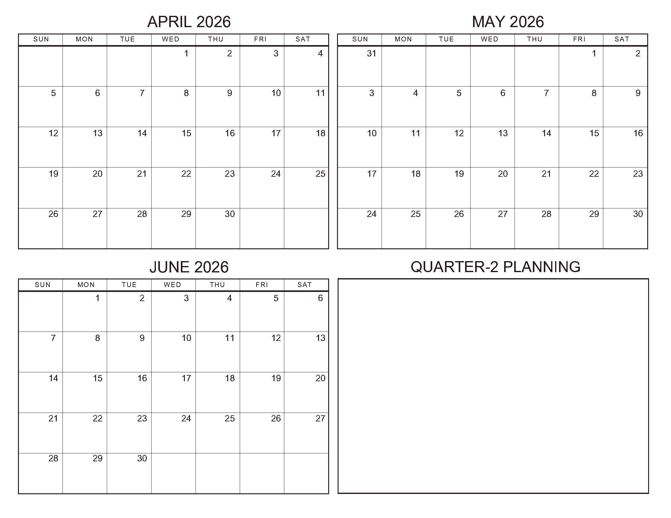 April-June 2026 Calendars Standard