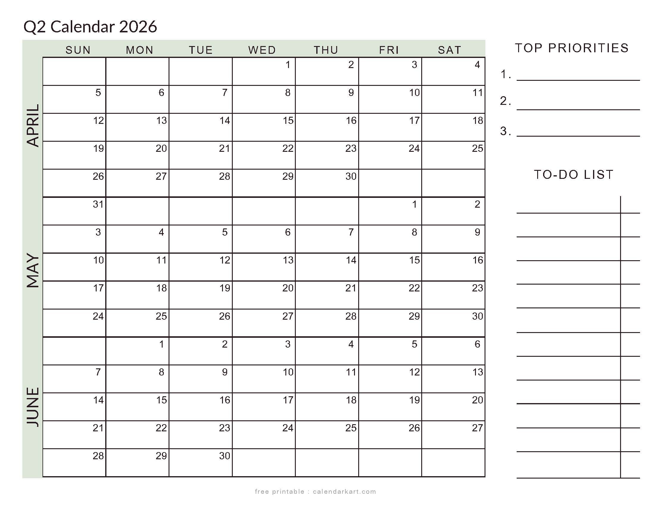 April-June 2026 Q-2 With To Do List Soft Pastel