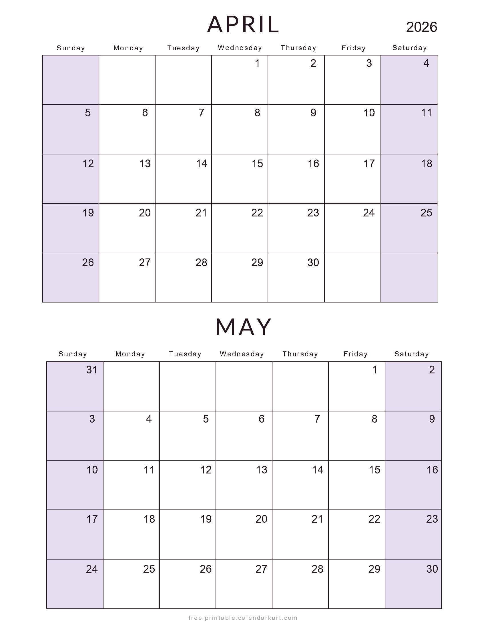 April May 2026 Standard Calendar Soft Pastel