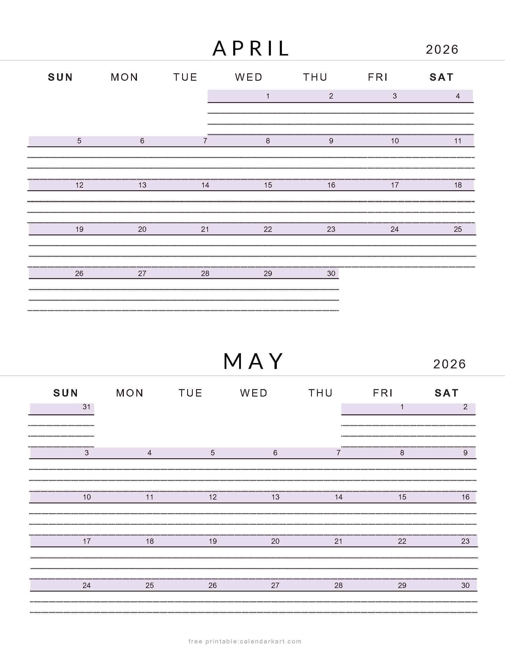 April May 2026 Lined Calendar Soft Pastel