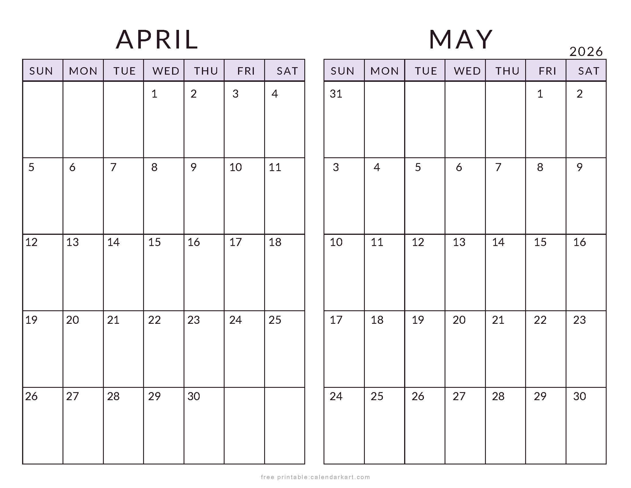 April May 2026 Minimal Calendar Soft Pastel