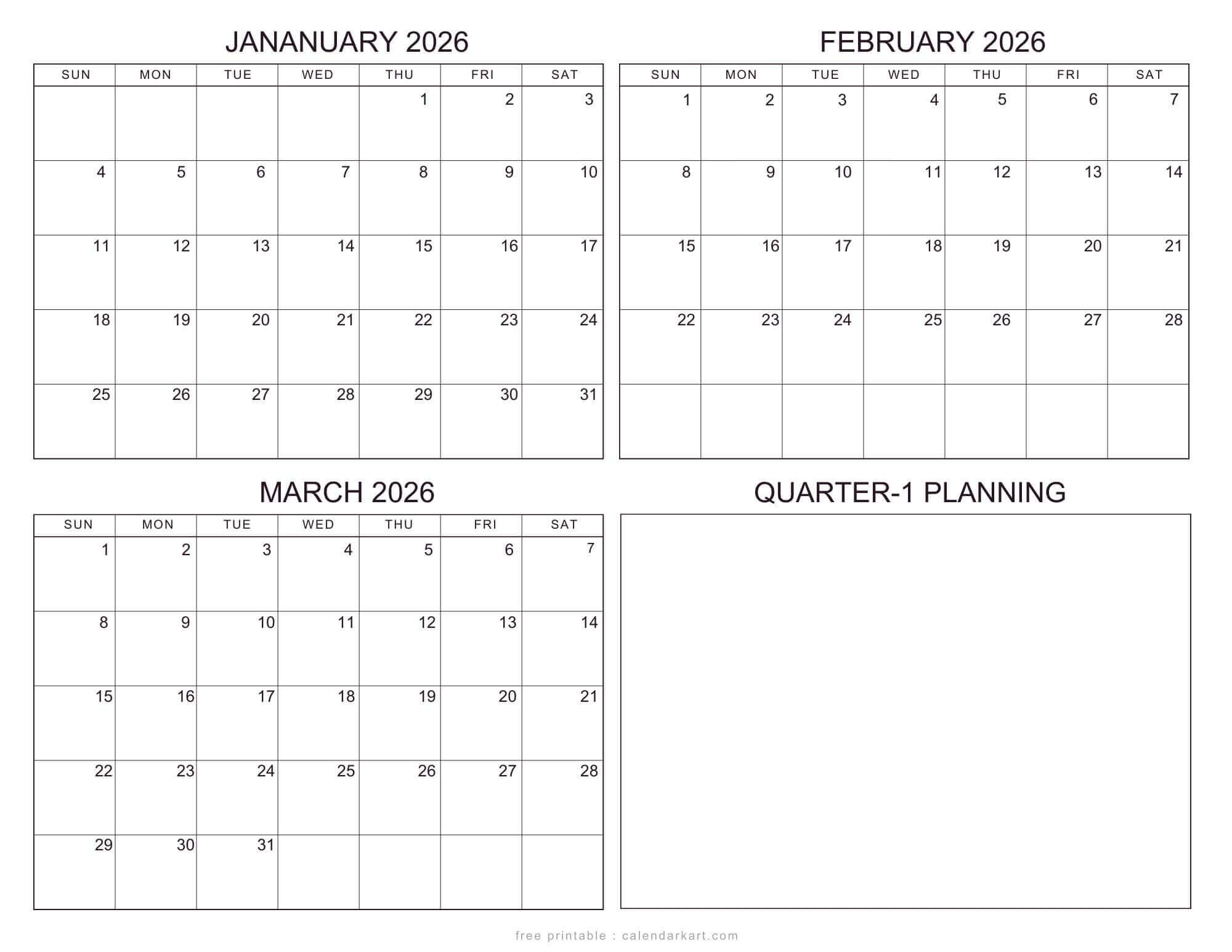 Editable Quarter calendars 2026