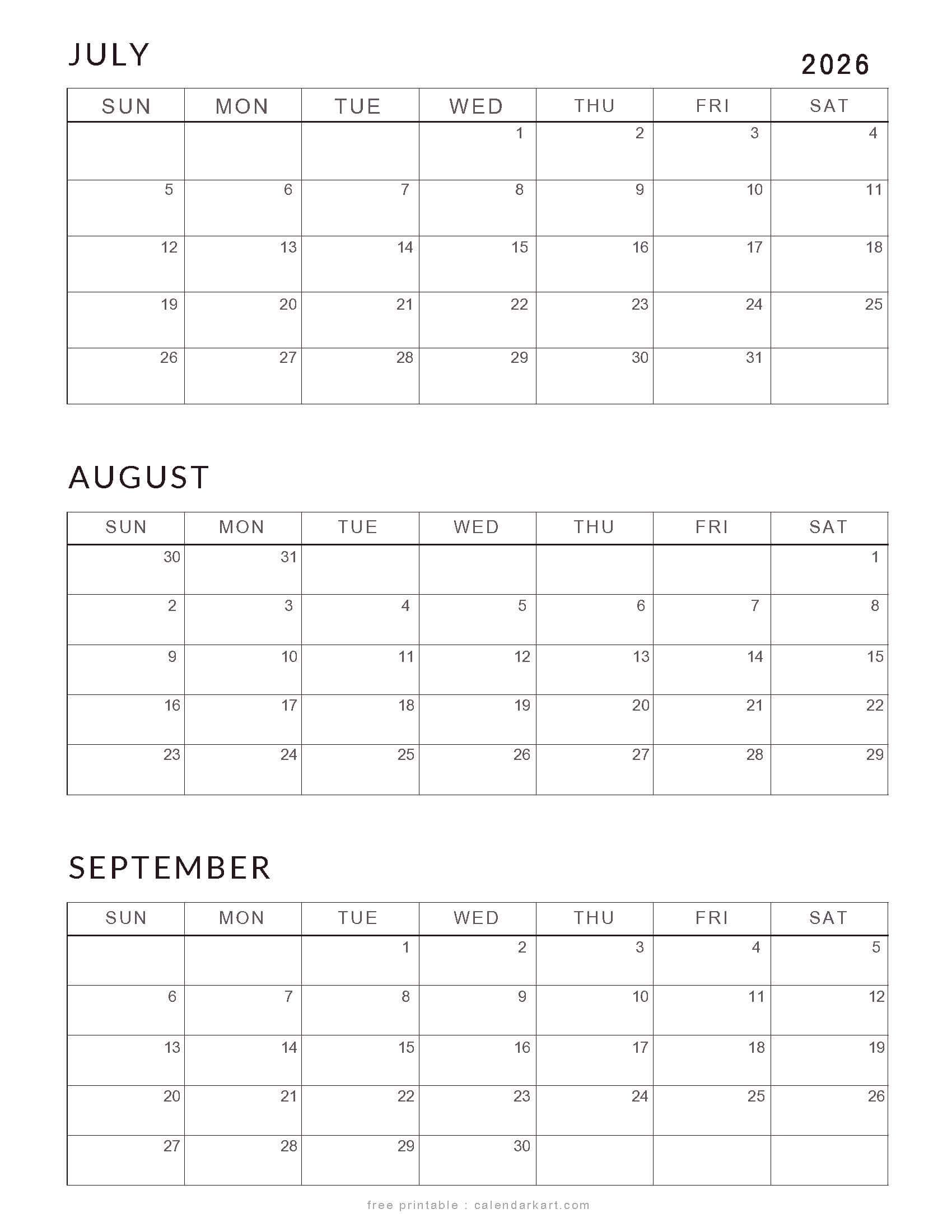 Free July-September 2026 Calendars Classic