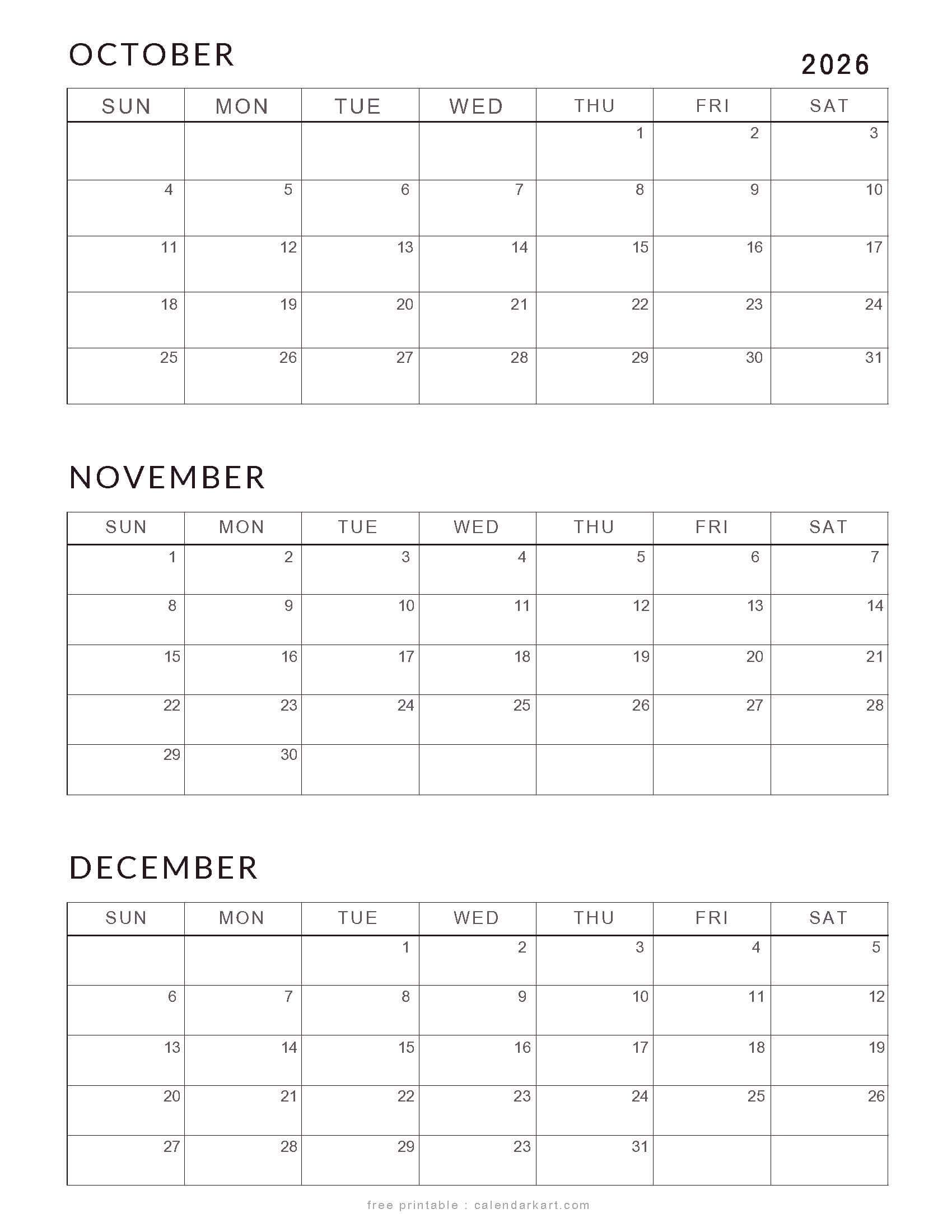 Free October-December 2026 Calendars Classic