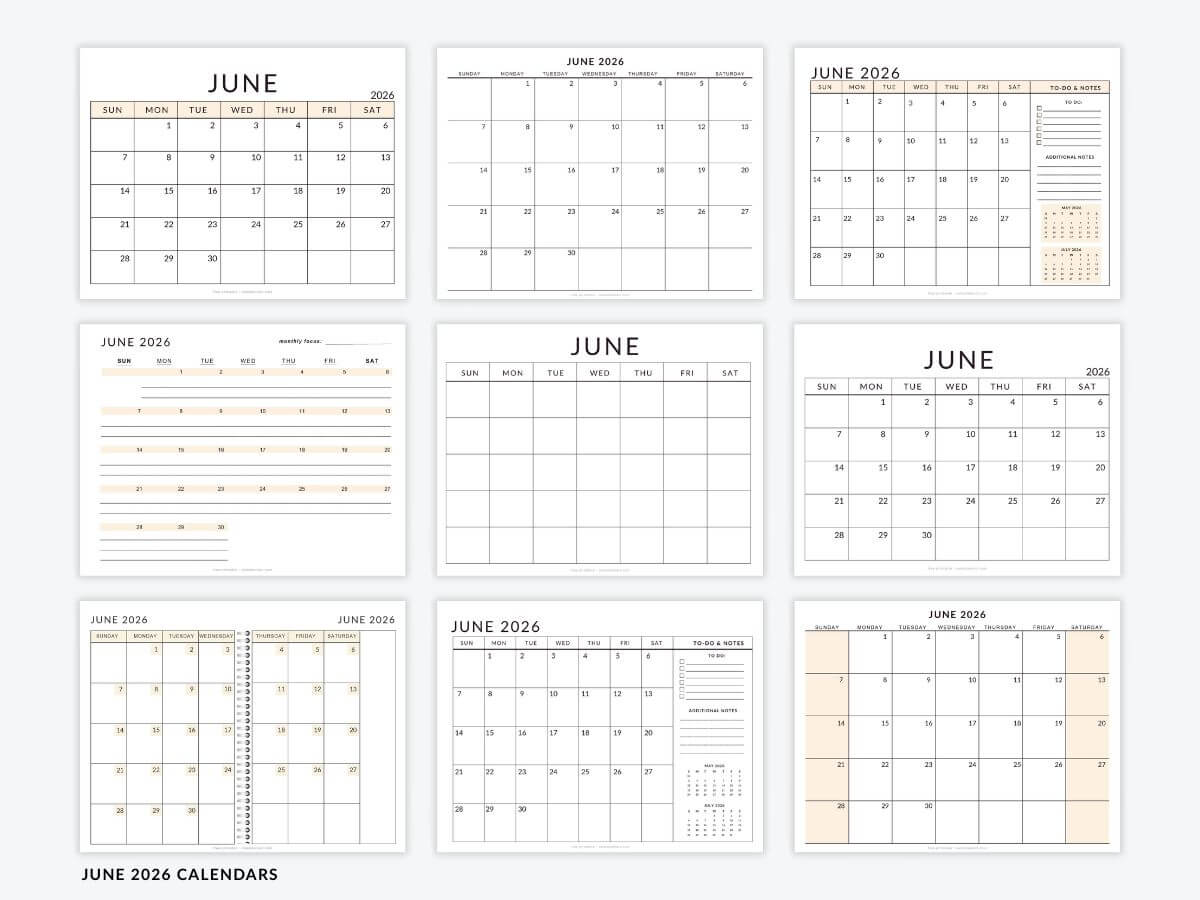 Free Printable June 2026 Calendars