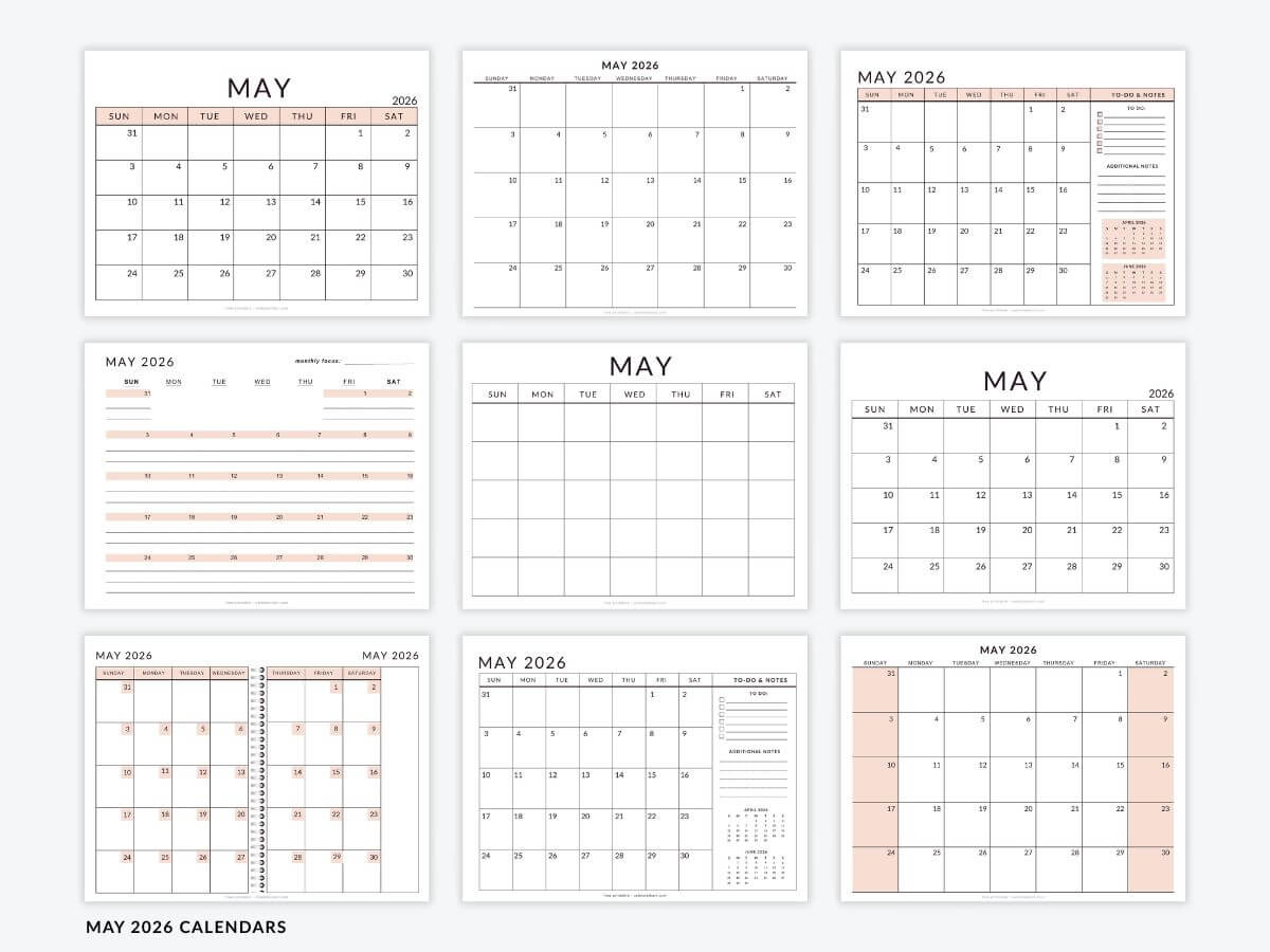 Free Printable May 2026 Calendars