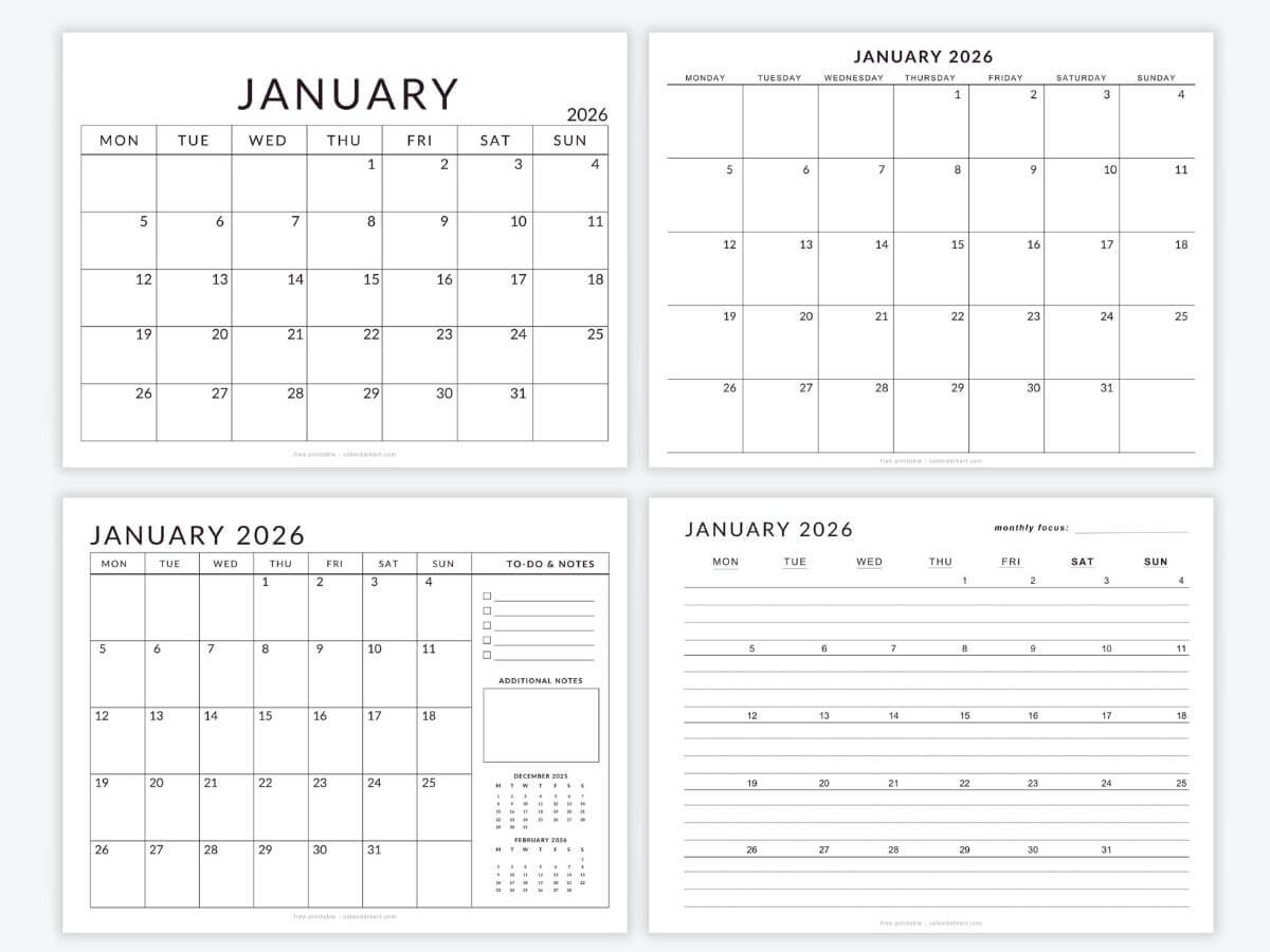 Free Printable Monday Start Calendars