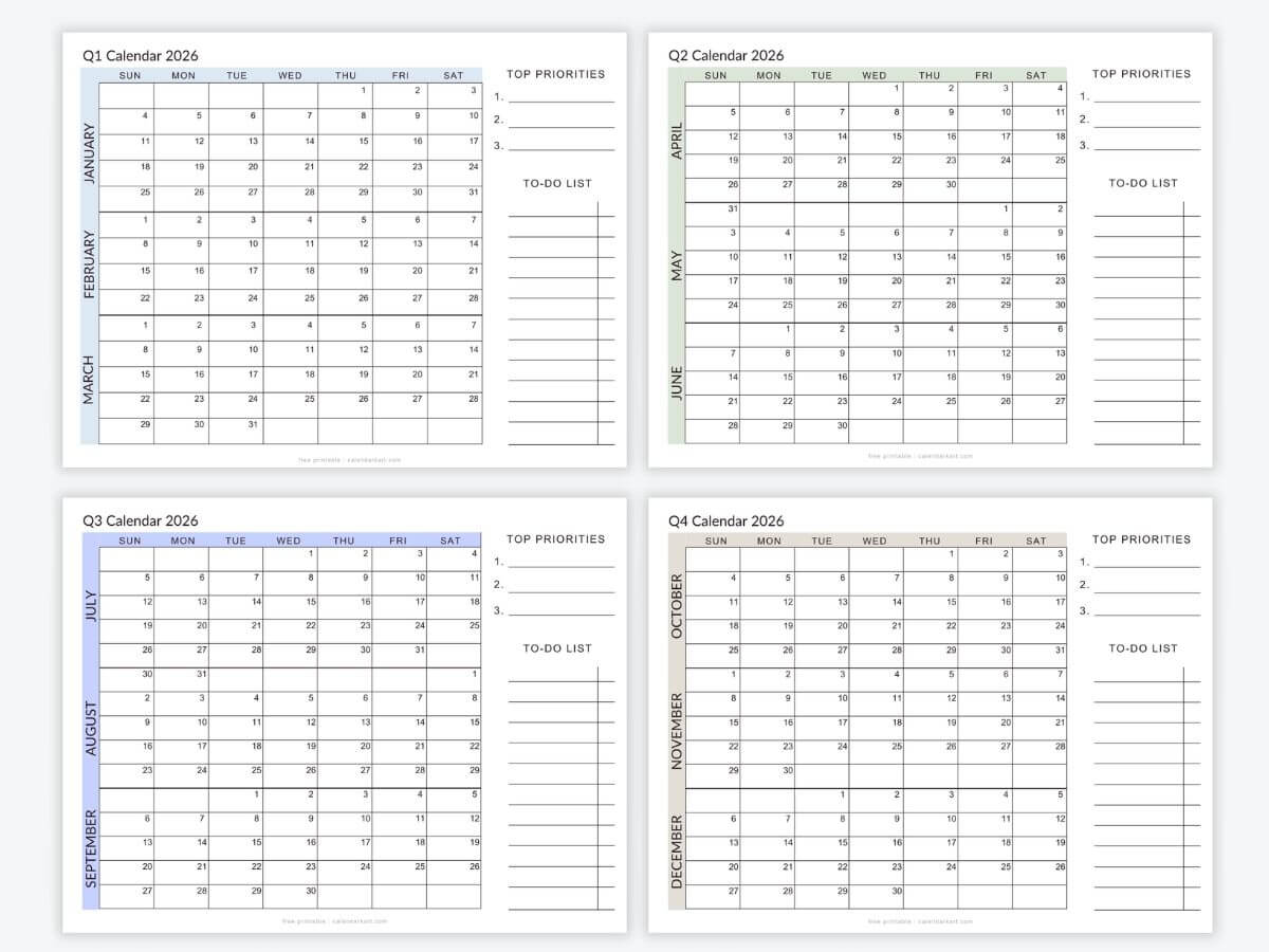 Free Printable Quarterly Calendars