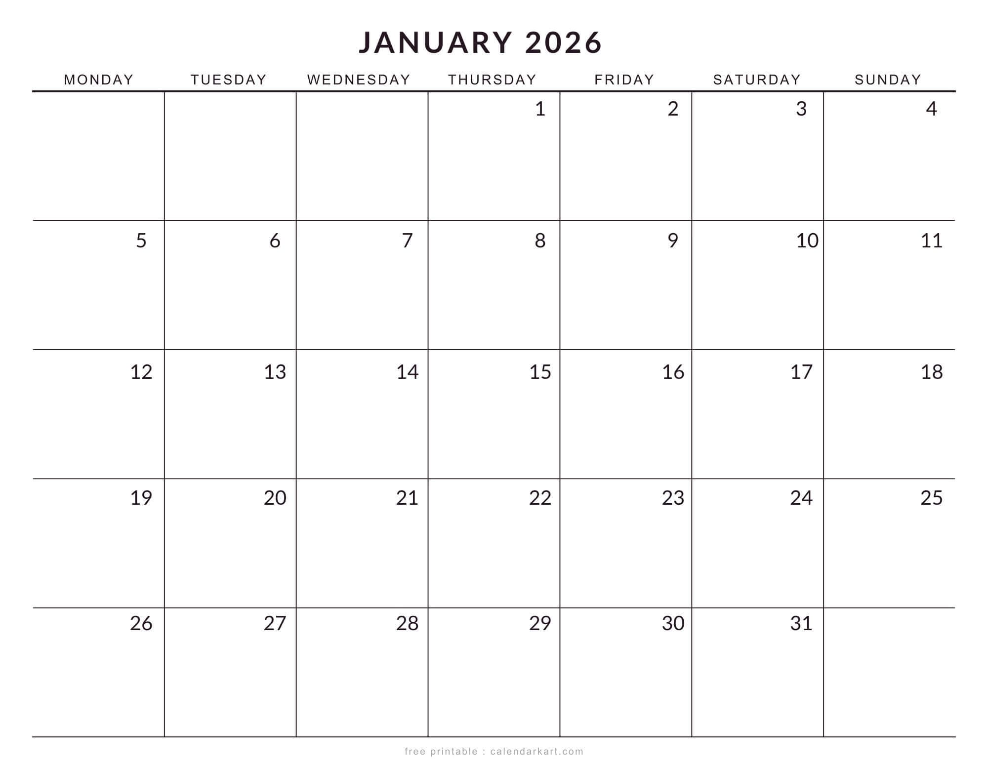 January to December 2026 Monday Start Large Calendar