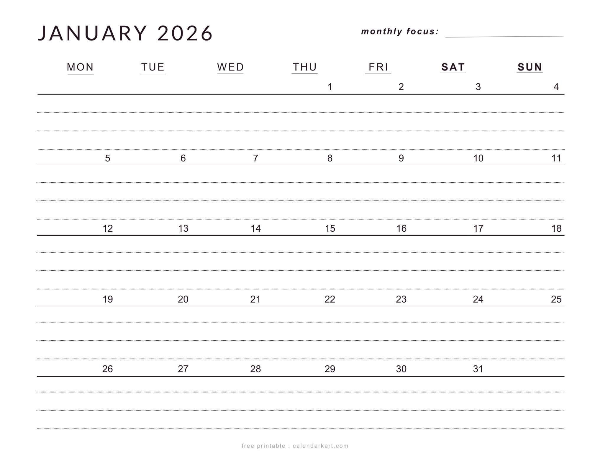 January to December 2026 Monday Start Lined Calendar
