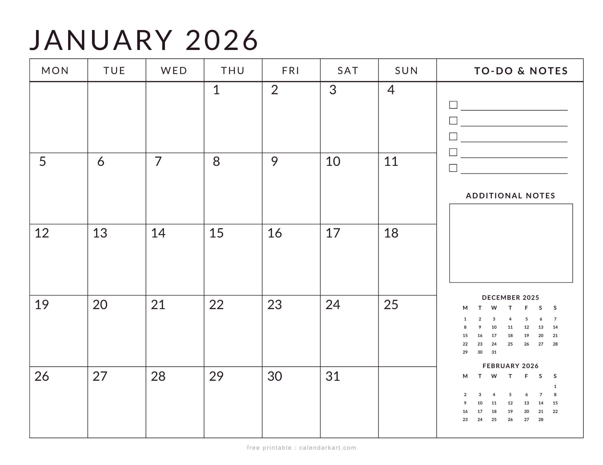 January to December 2026 Monday Start Planner Calendar