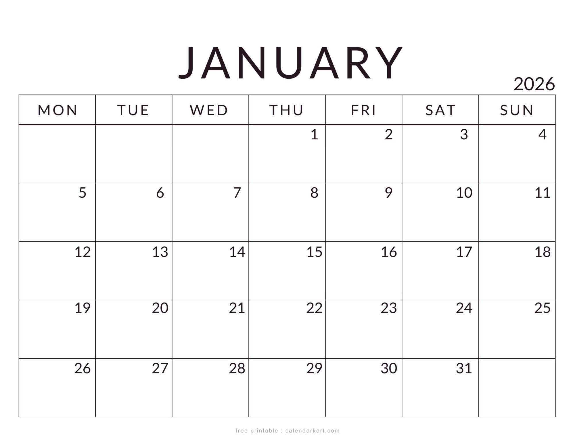 January to December 2026 Monday Start Standard Calendar