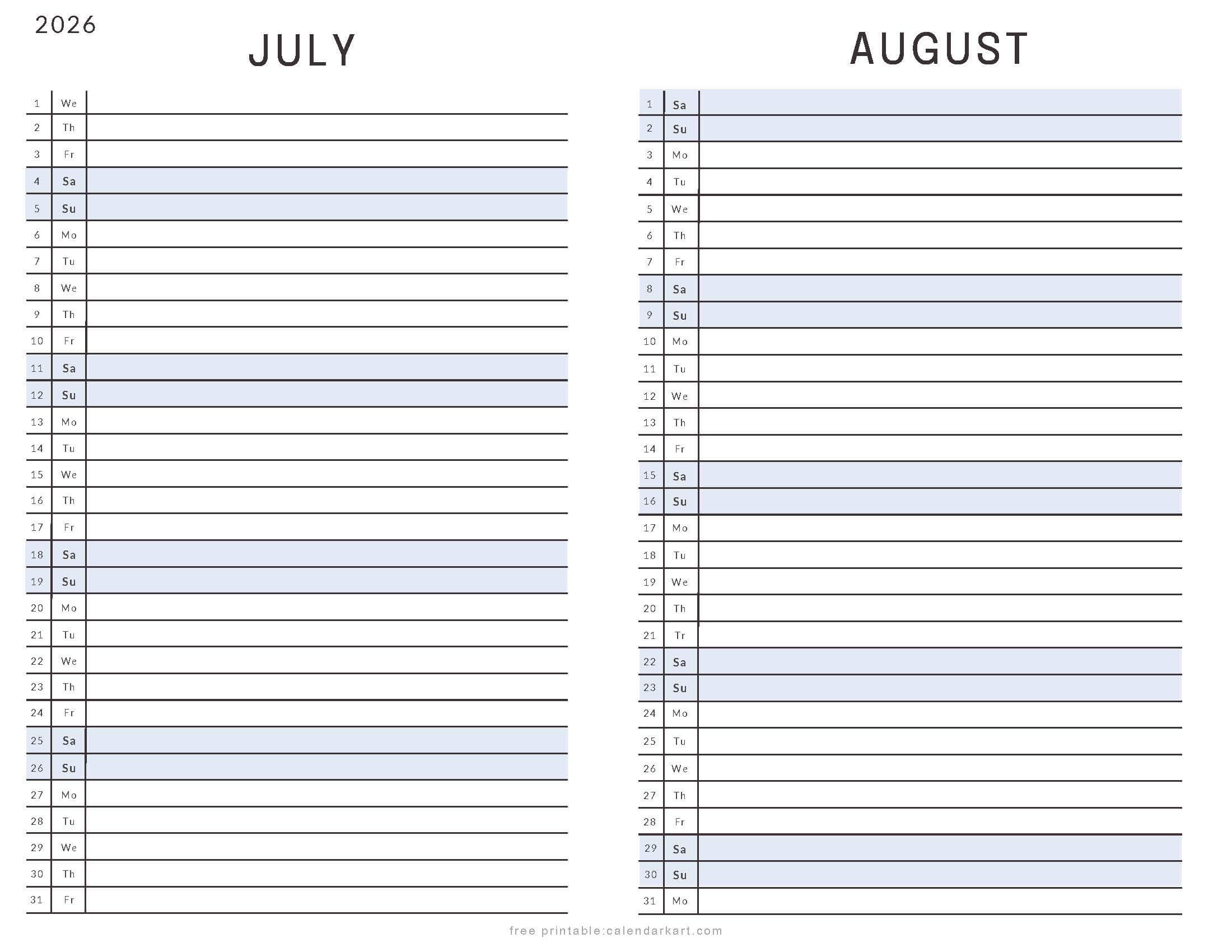 July August 2026 Calendar List View Soft Pastel