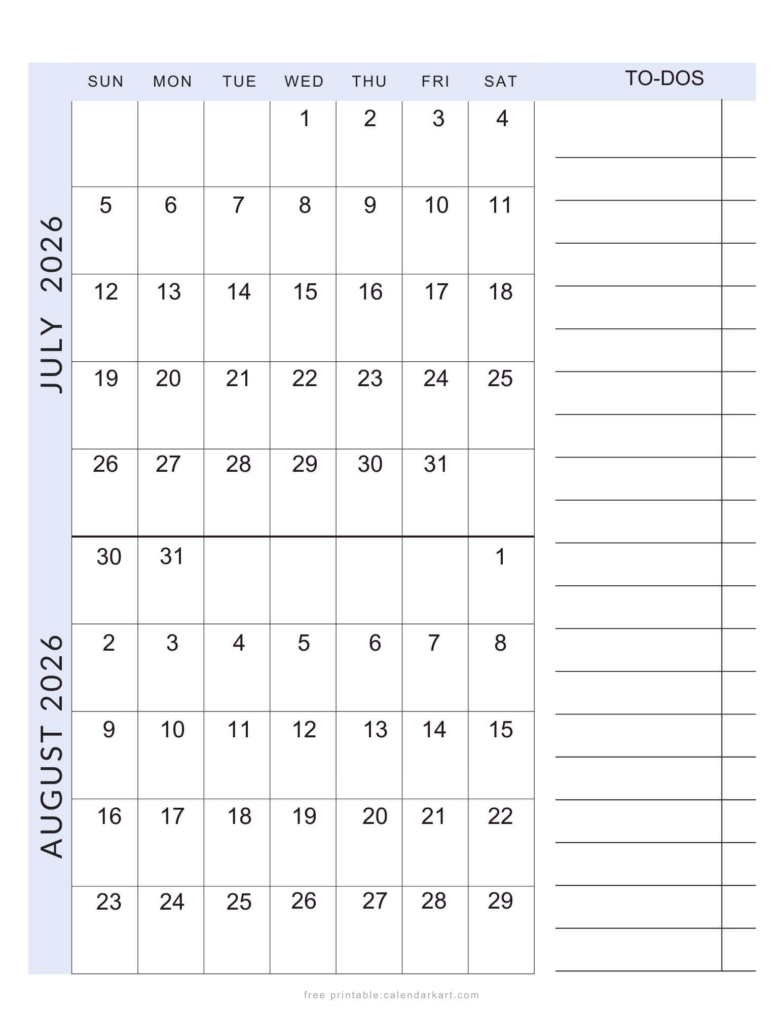 July August 2026 Calendar With To Do List Soft Pastel