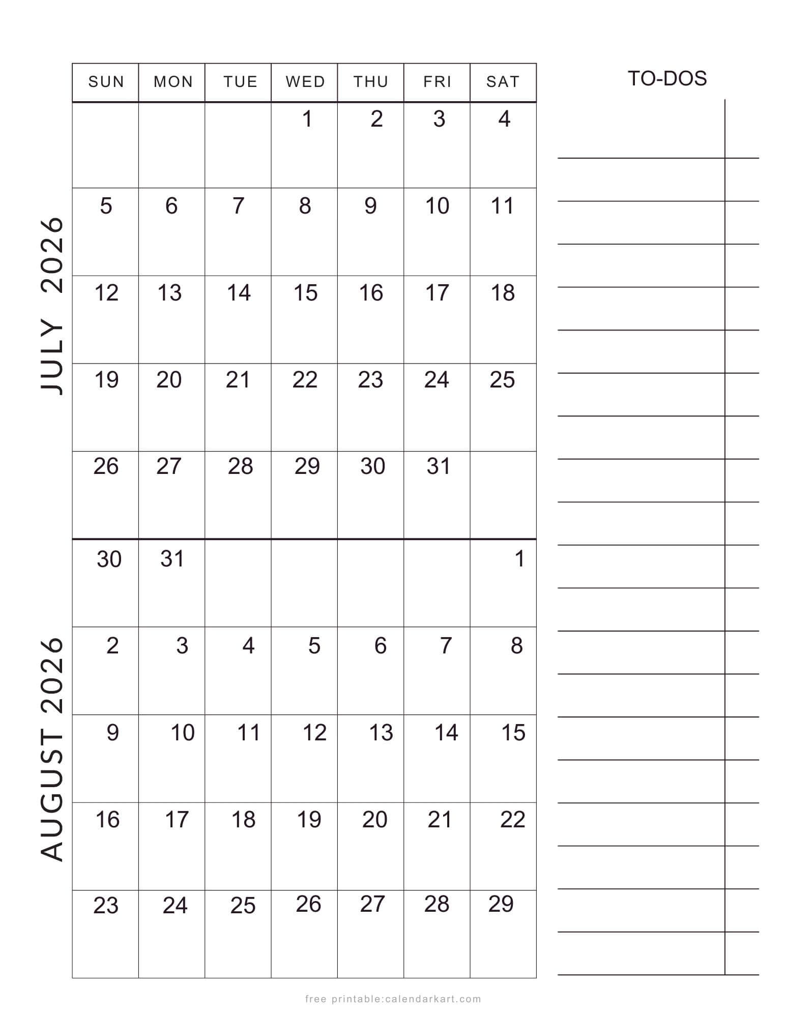 July August 2026 Calendar With To Do List
