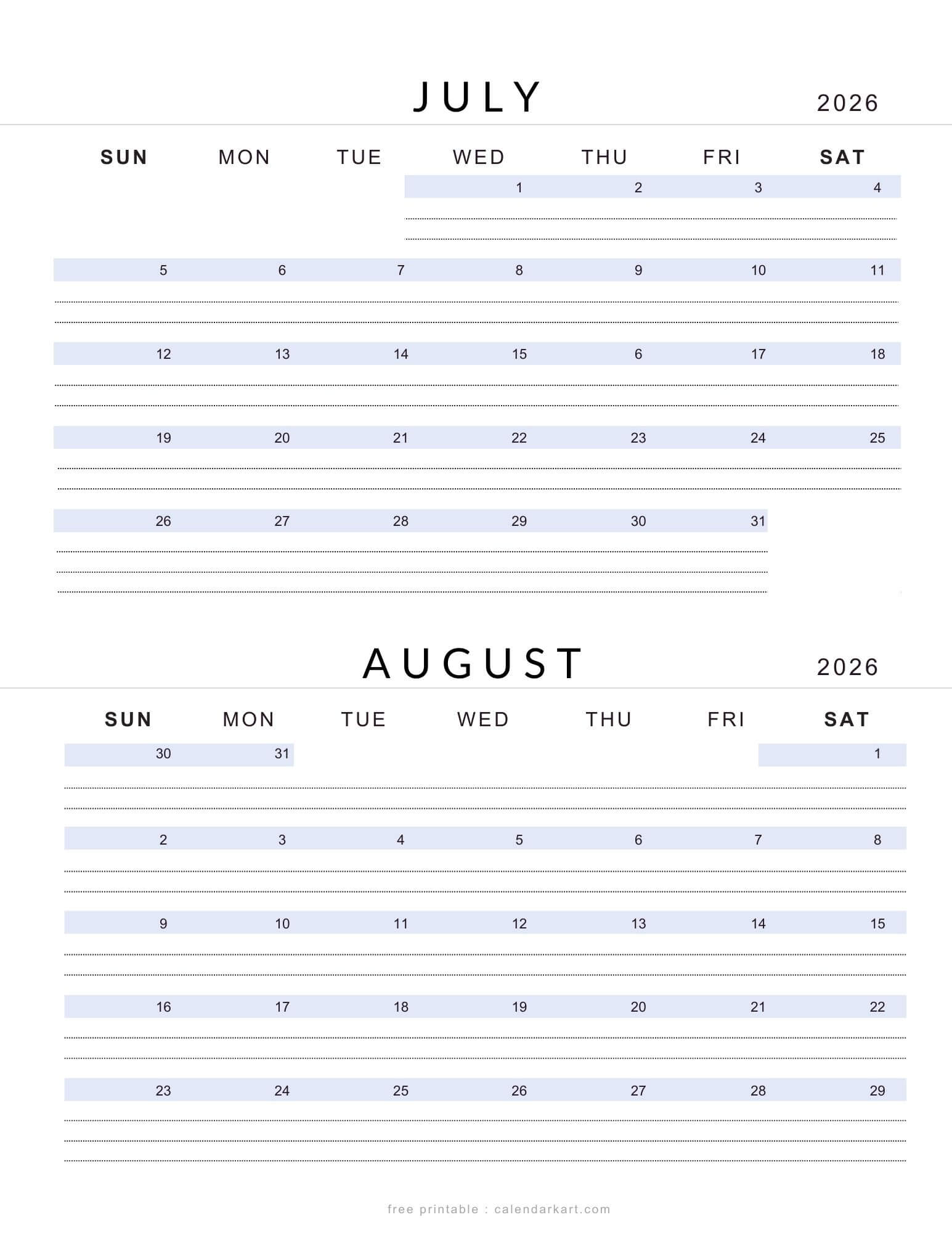 July August 2026 Lined Calendar Soft Pastel