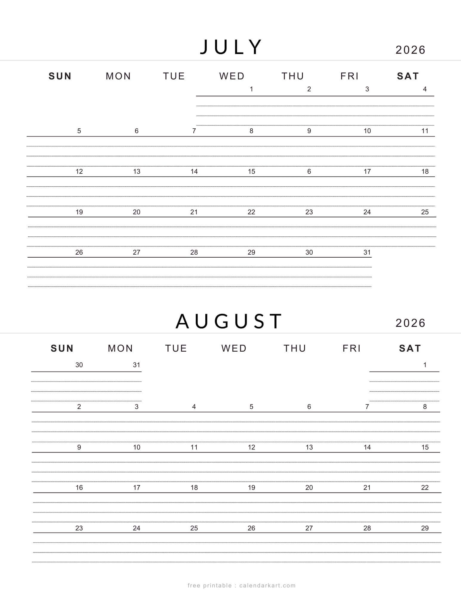 Printable Two-Month July And August 2026 Calendar