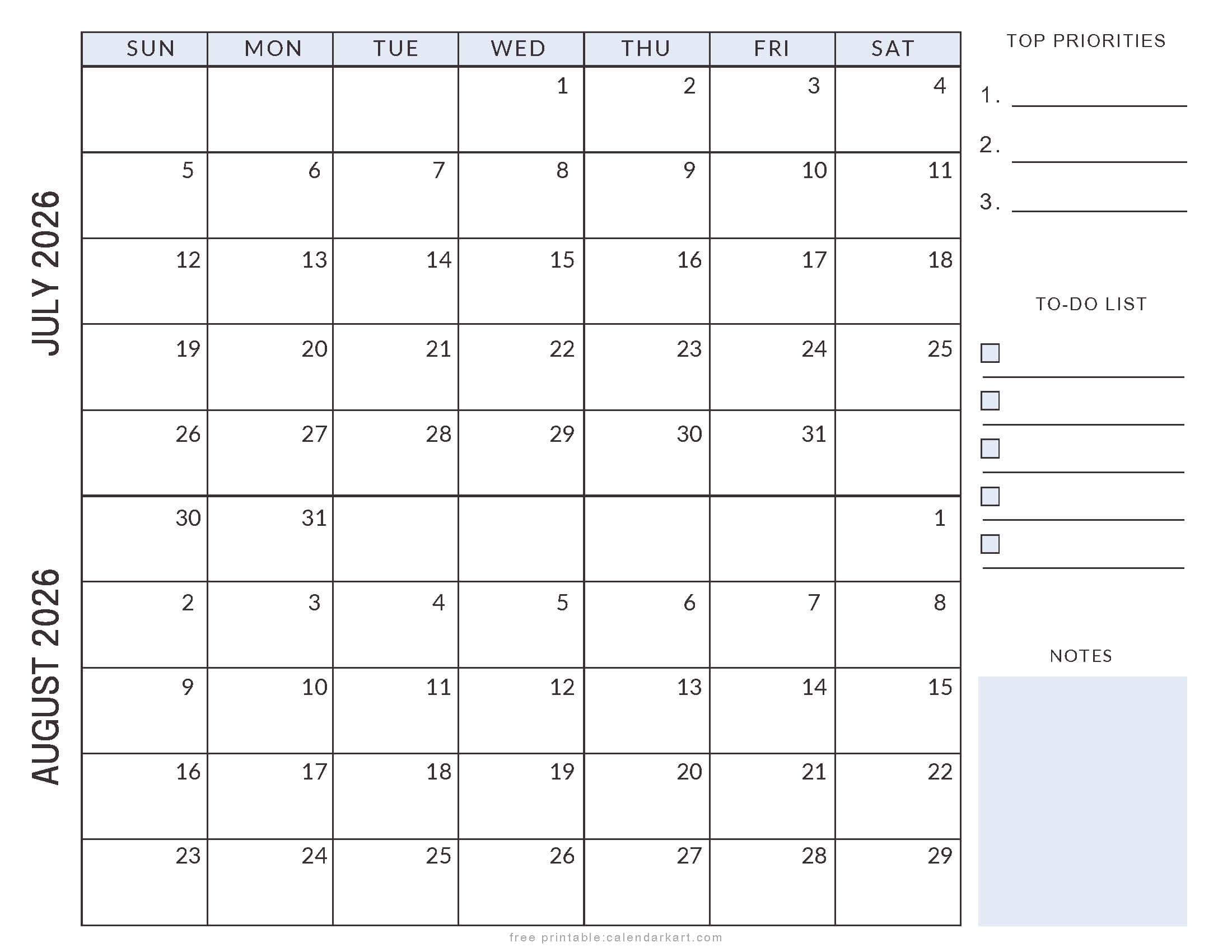 July August 2026 Planner Style Calendar Soft Pastel