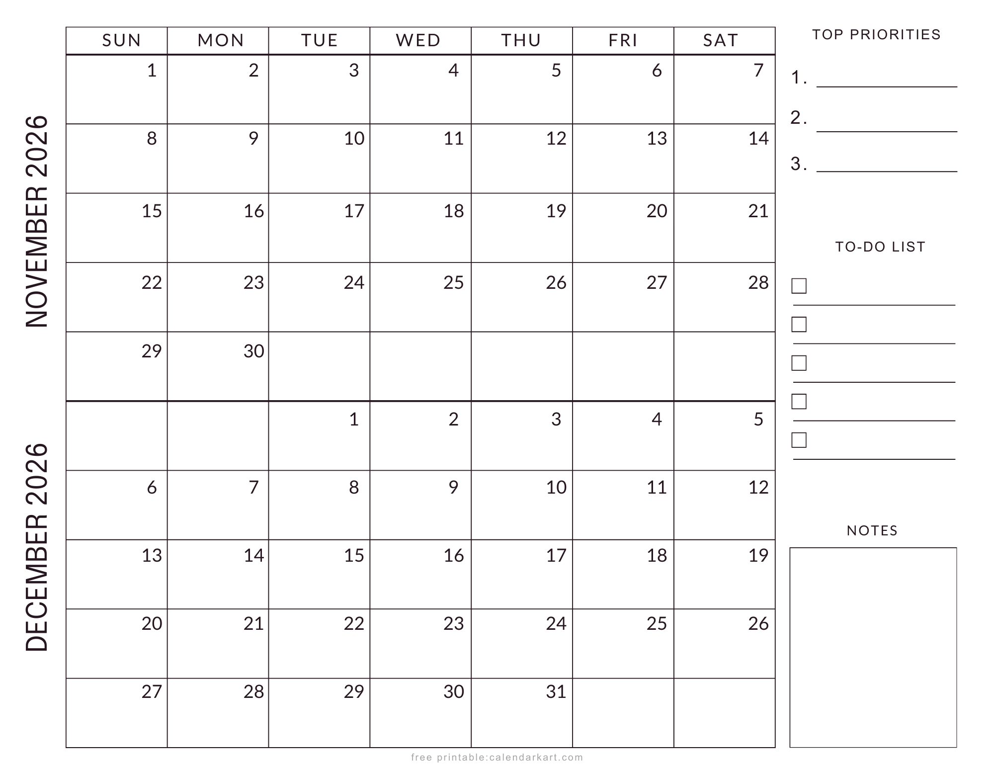 November December 2026 Planner Style Calendar